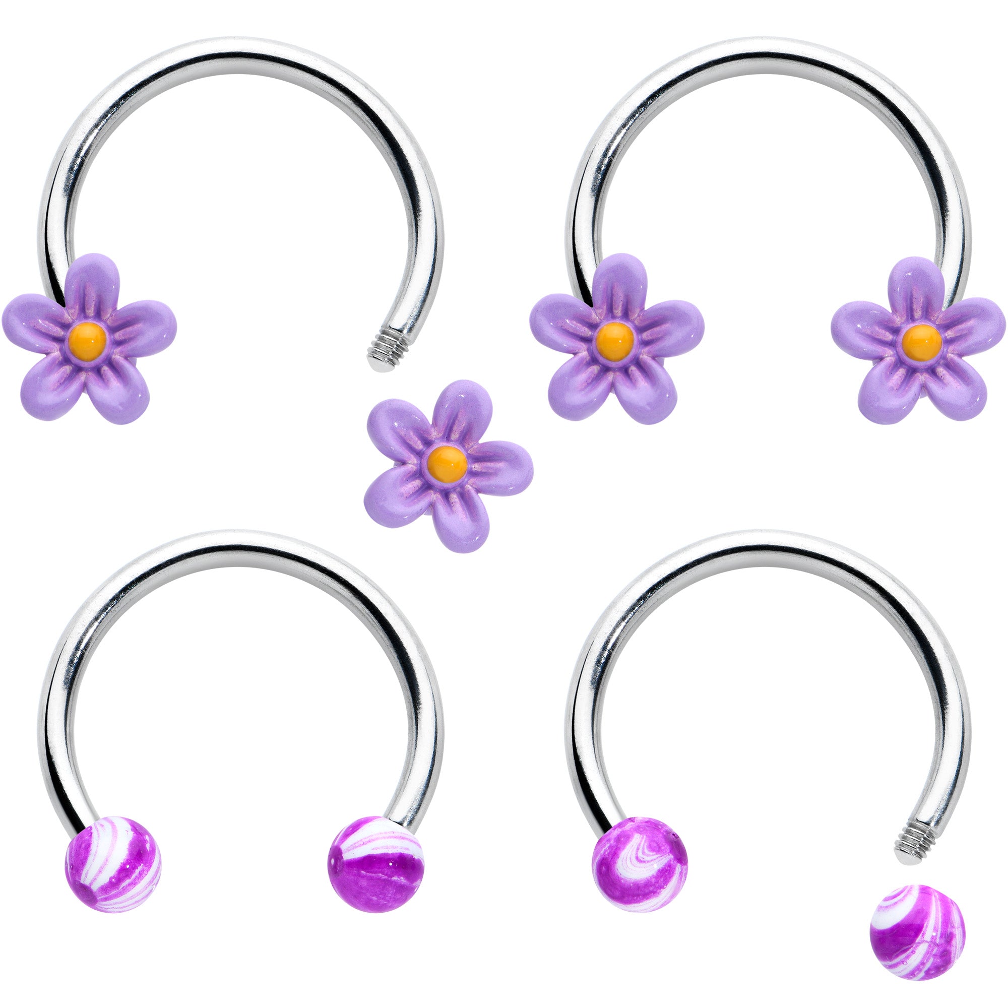 16G 3/8 Purple Ball Flowers Horseshoe Circular Barbell Set of 4