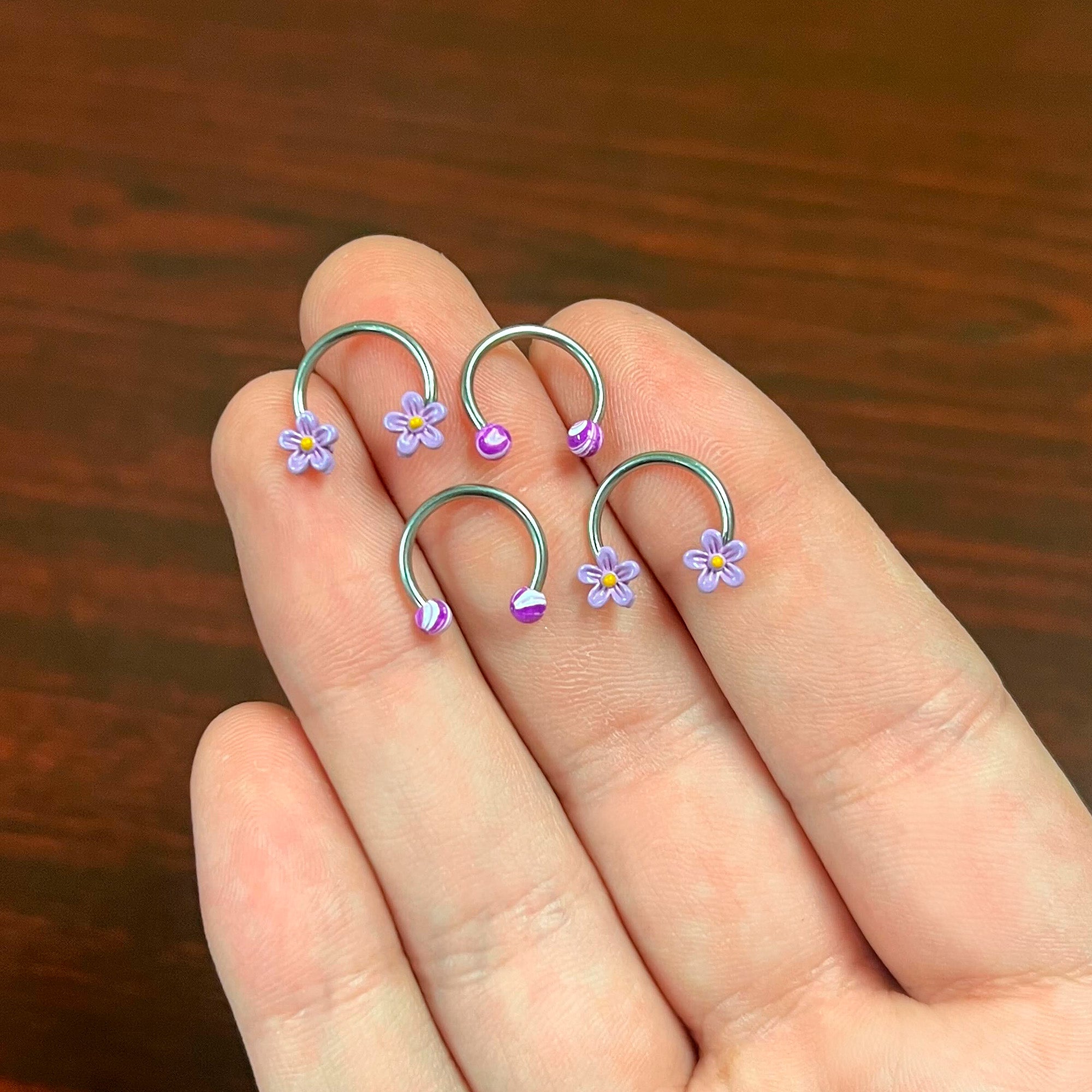 16G 3/8 Purple Ball Flowers Horseshoe Circular Barbell Set of 4