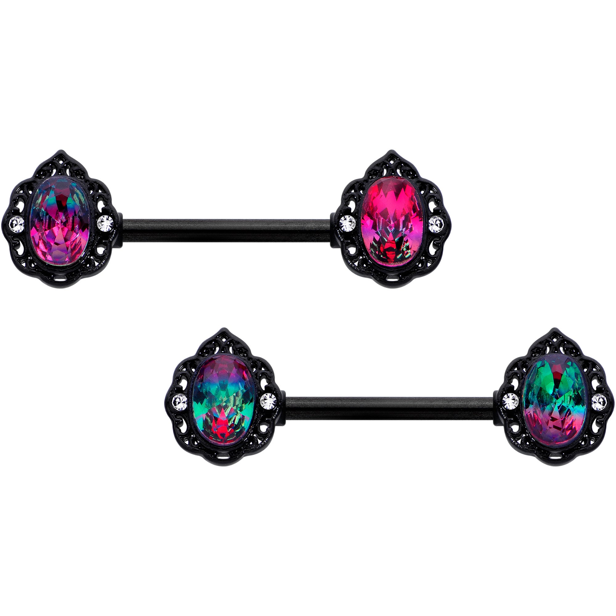 14G 9/16 Purple Tourmaline Black Lacy Drop Barbell Nipple Ring Set