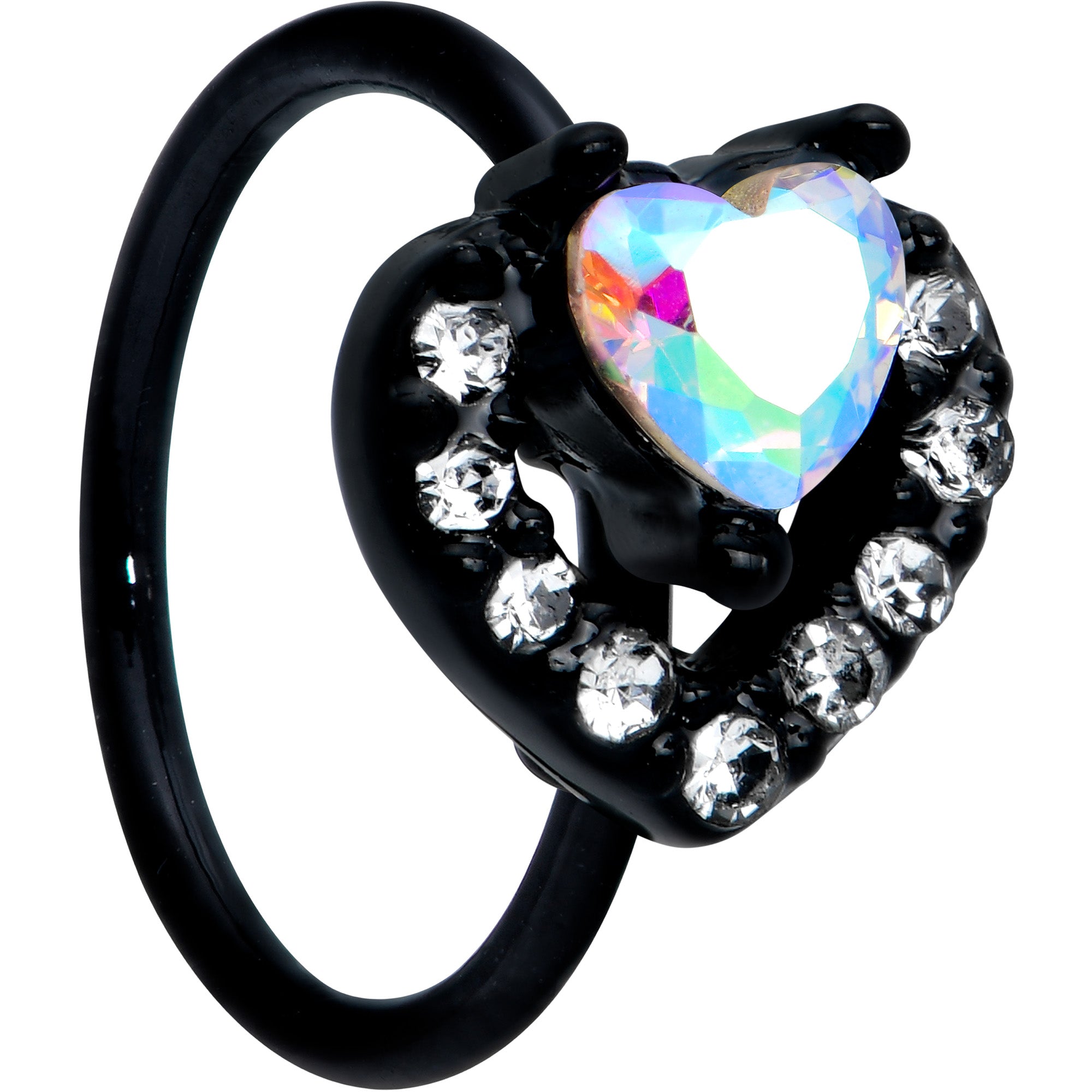 20G 5/16 Aurora Clear Gem Black Rococo Hearts Nose Hoop