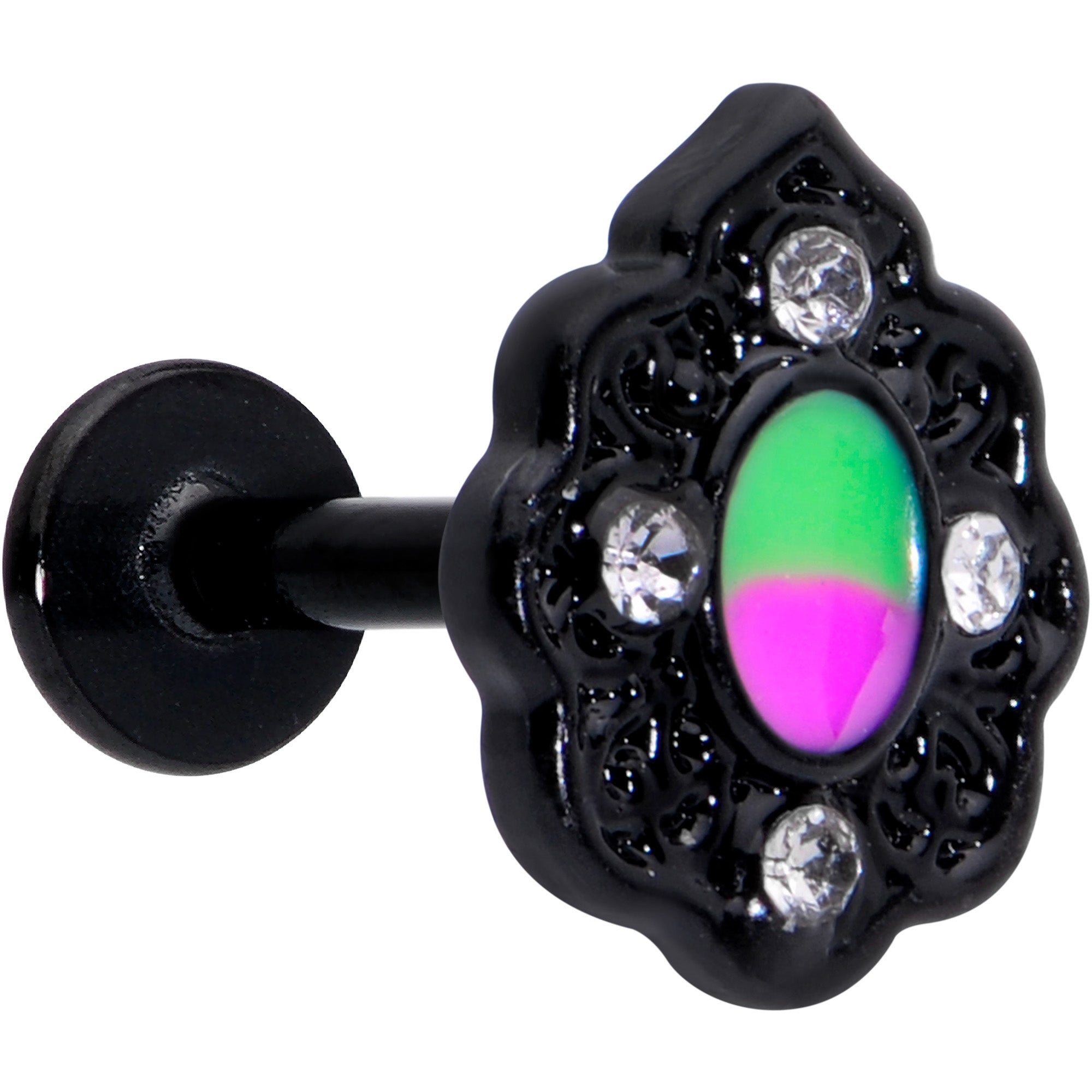 16G 1/4 CZ Faux Tourmaline Black Lacy Drop Labret