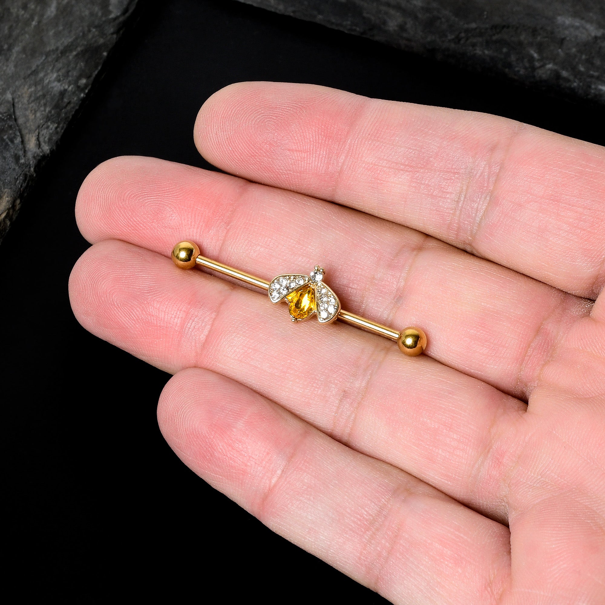 14G Clear Yellow Gem Gold Tone Style Bug Industrial Barbell 38mm