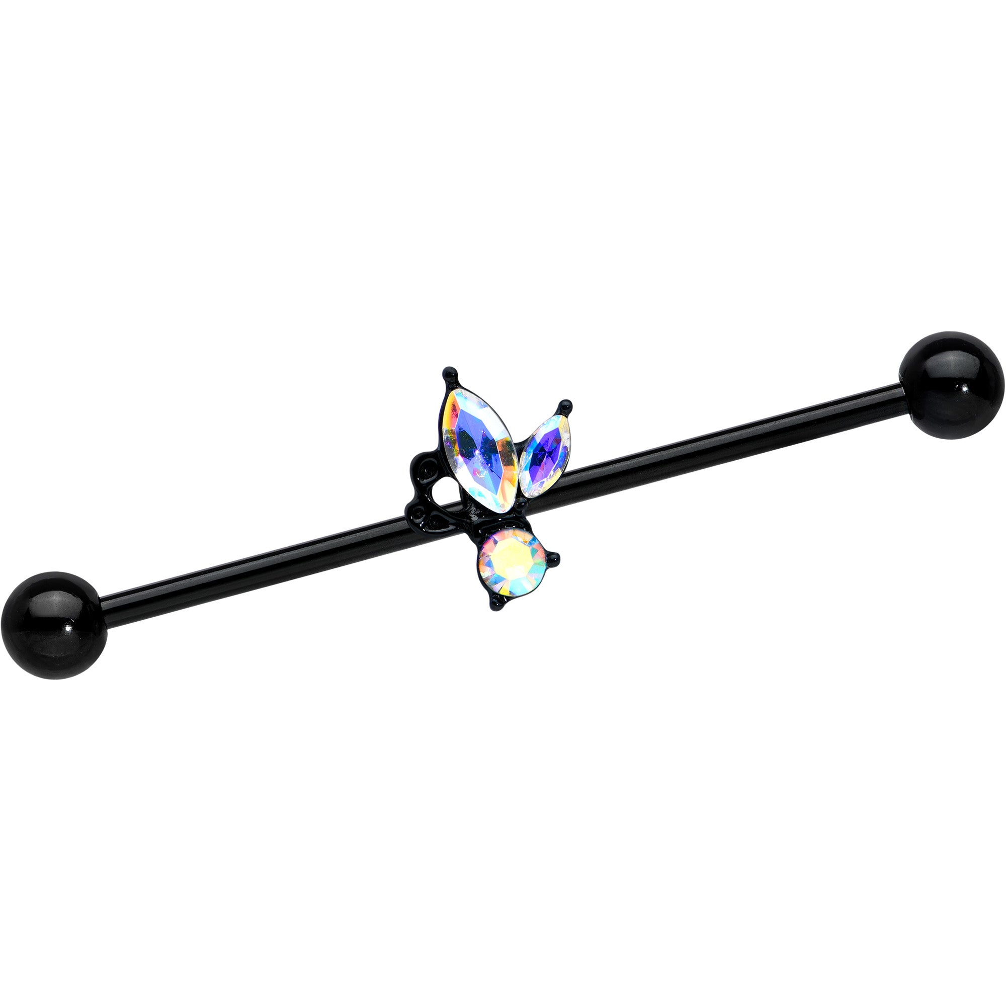 14G Aurora CZ Gem Black Fleur de Lis Butterfly Industrial Barbell 38mm