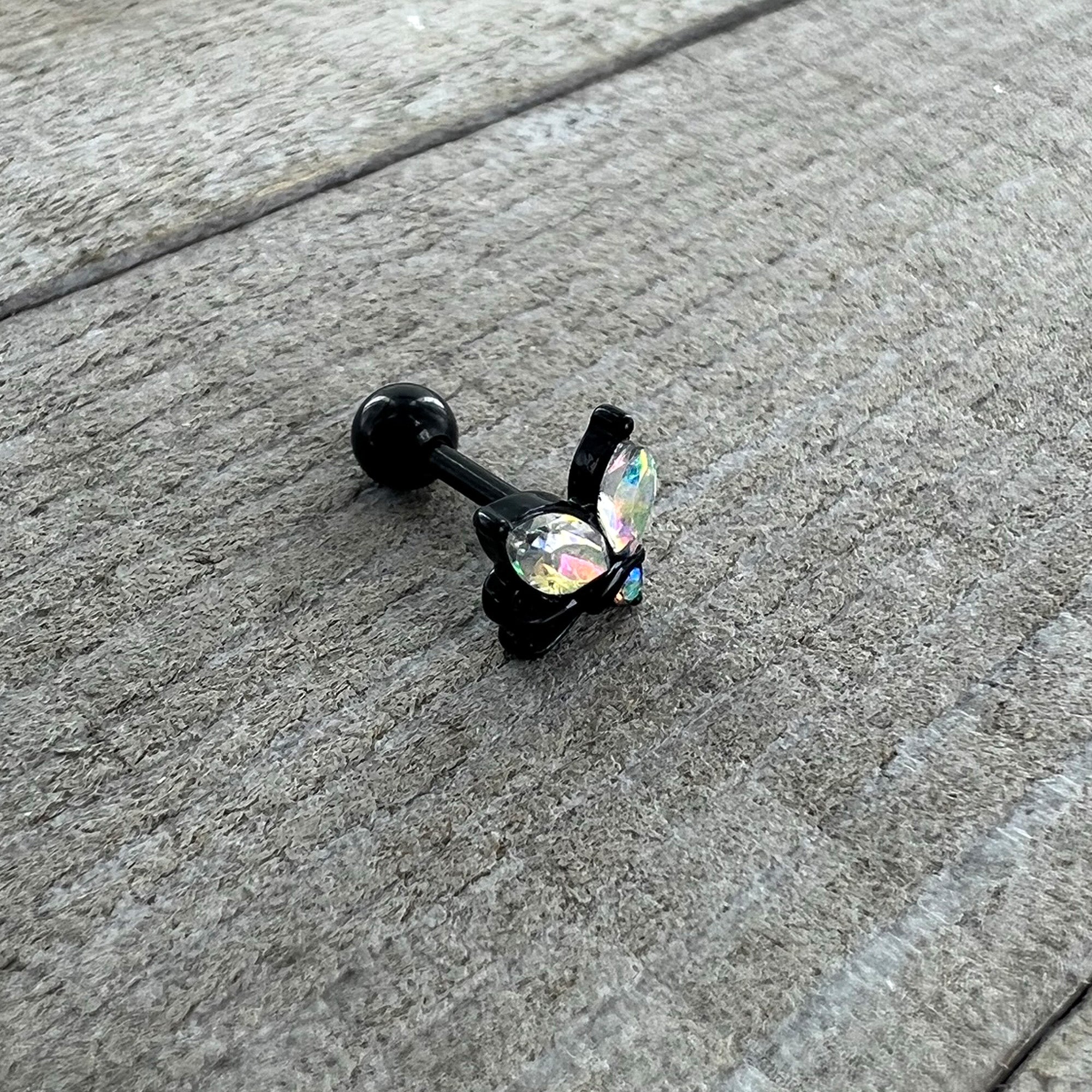 16G 1/4 Aurora CZ Gem Black Fleur de Lis Butterfly Cartilage Tragus Earring