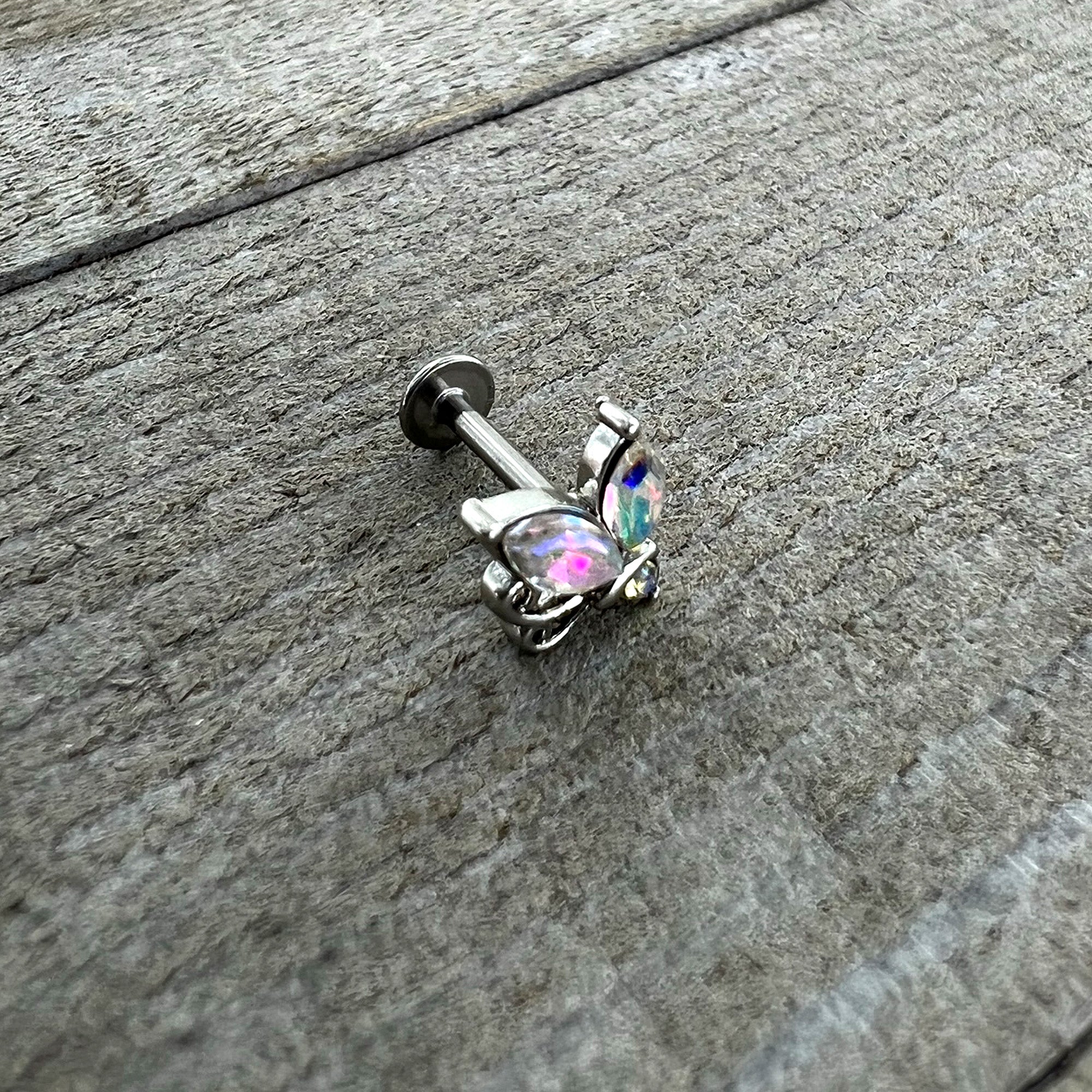 16G 5/16 Aurora CZ Gem Fleur de Lis Butterfly Labret Monroe Tragus
