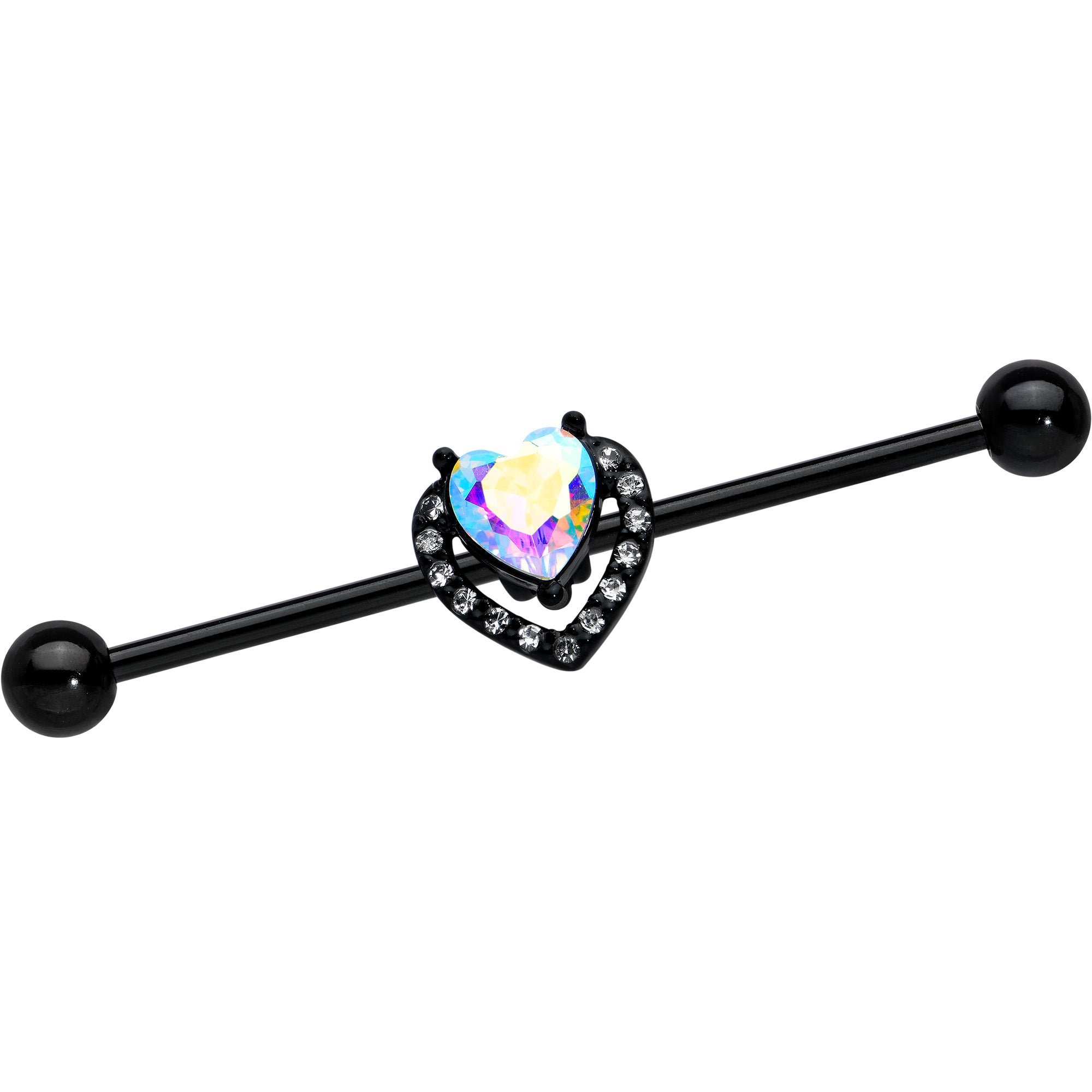 14G Aurora Clear Gem Black Rococo Heart Industrial Barbell 38mm