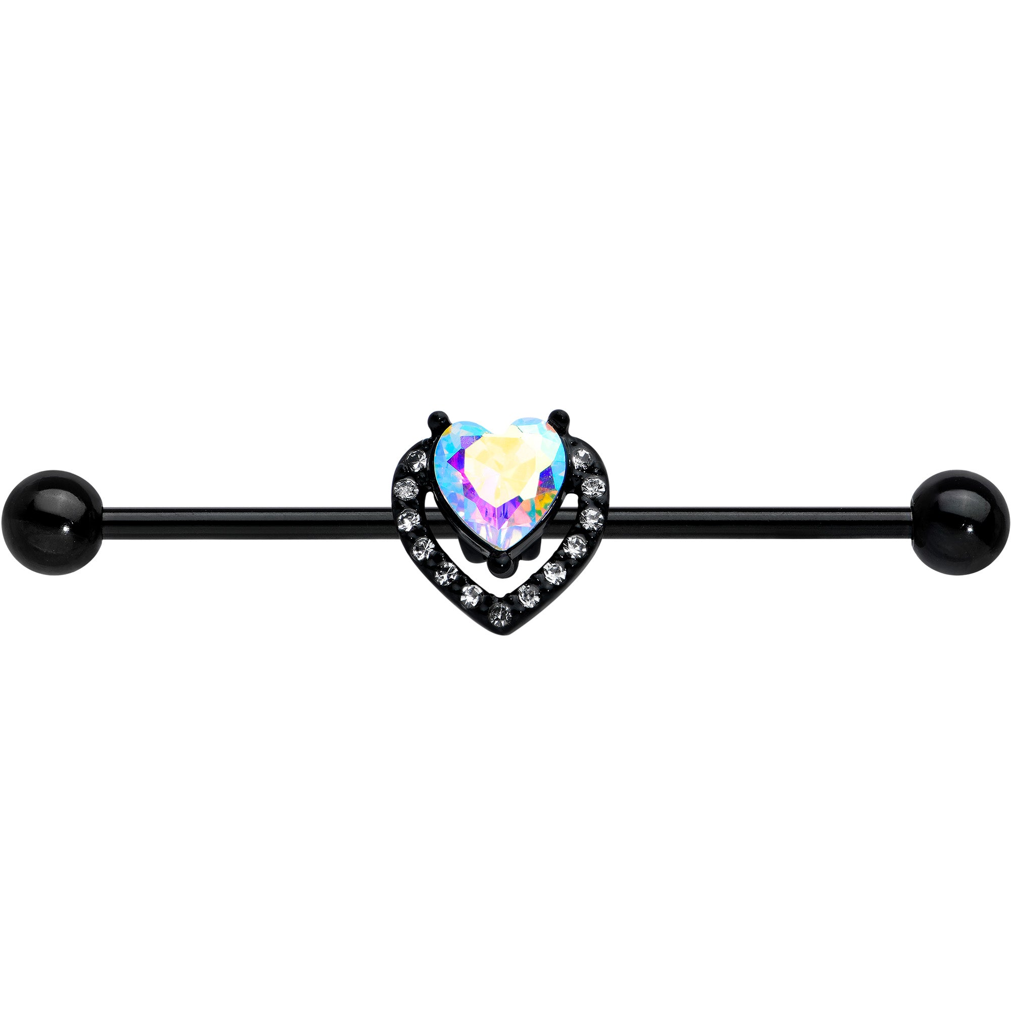 14G Aurora Clear Gem Black Rococo Heart Industrial Barbell 38mm