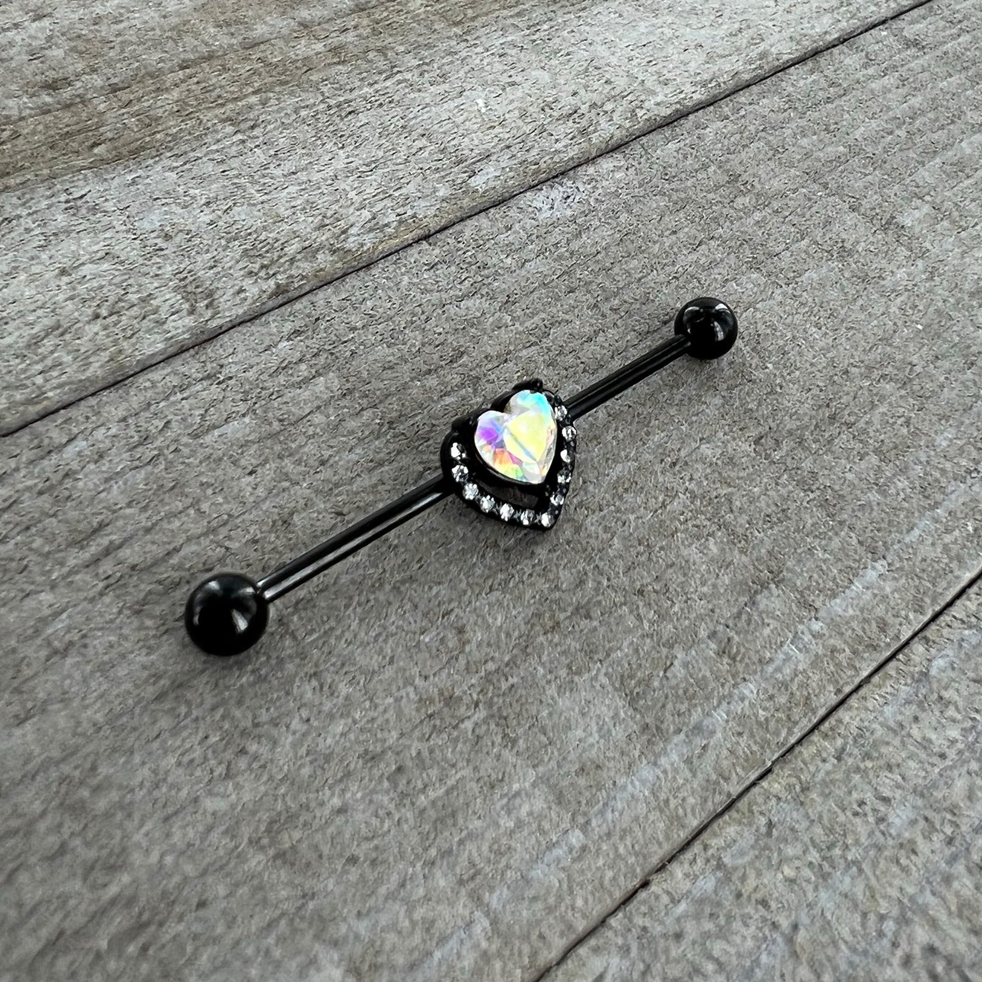 14G Aurora Clear Gem Black Rococo Heart Industrial Barbell 38mm