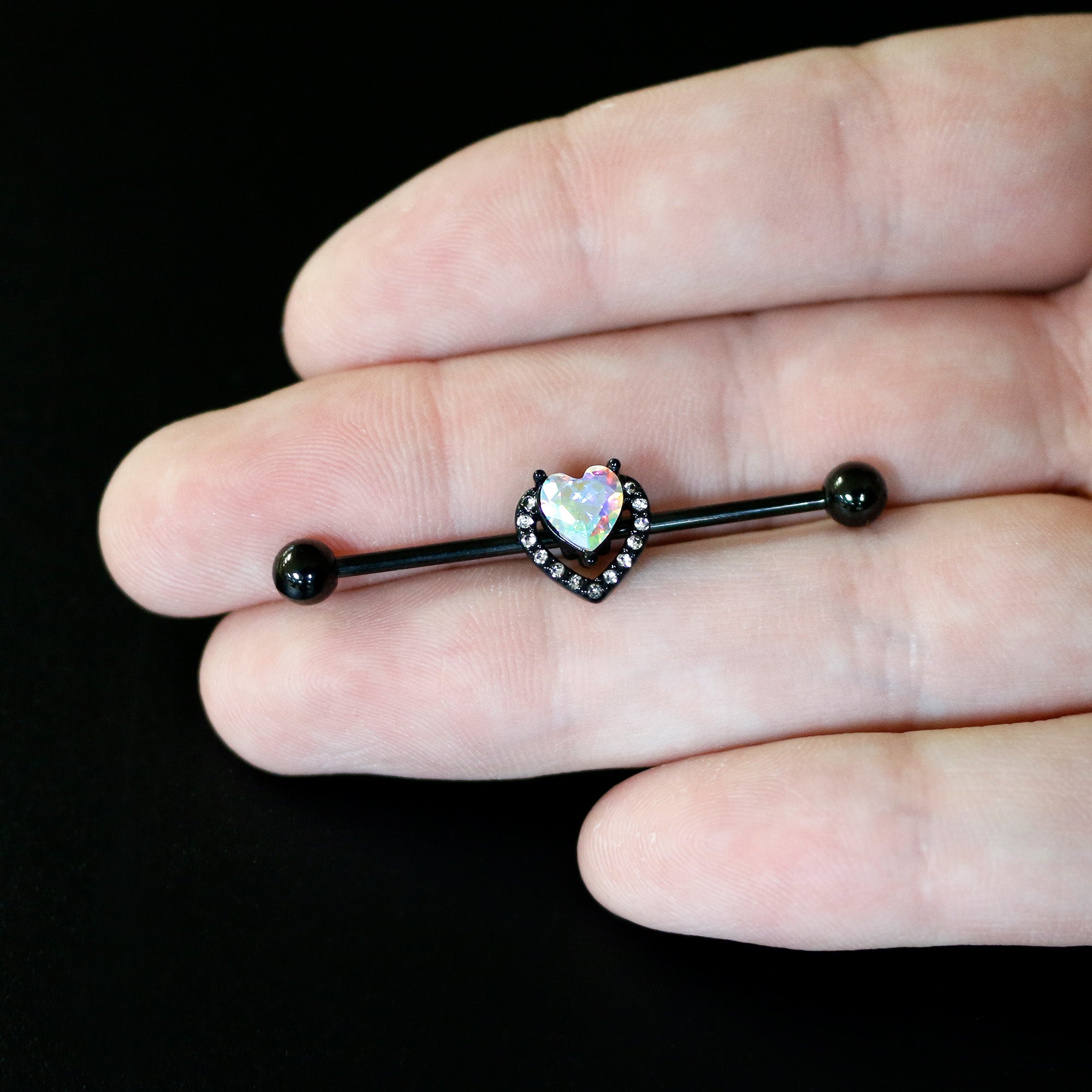 14G Aurora Clear Gem Black Rococo Heart Industrial Barbell 38mm