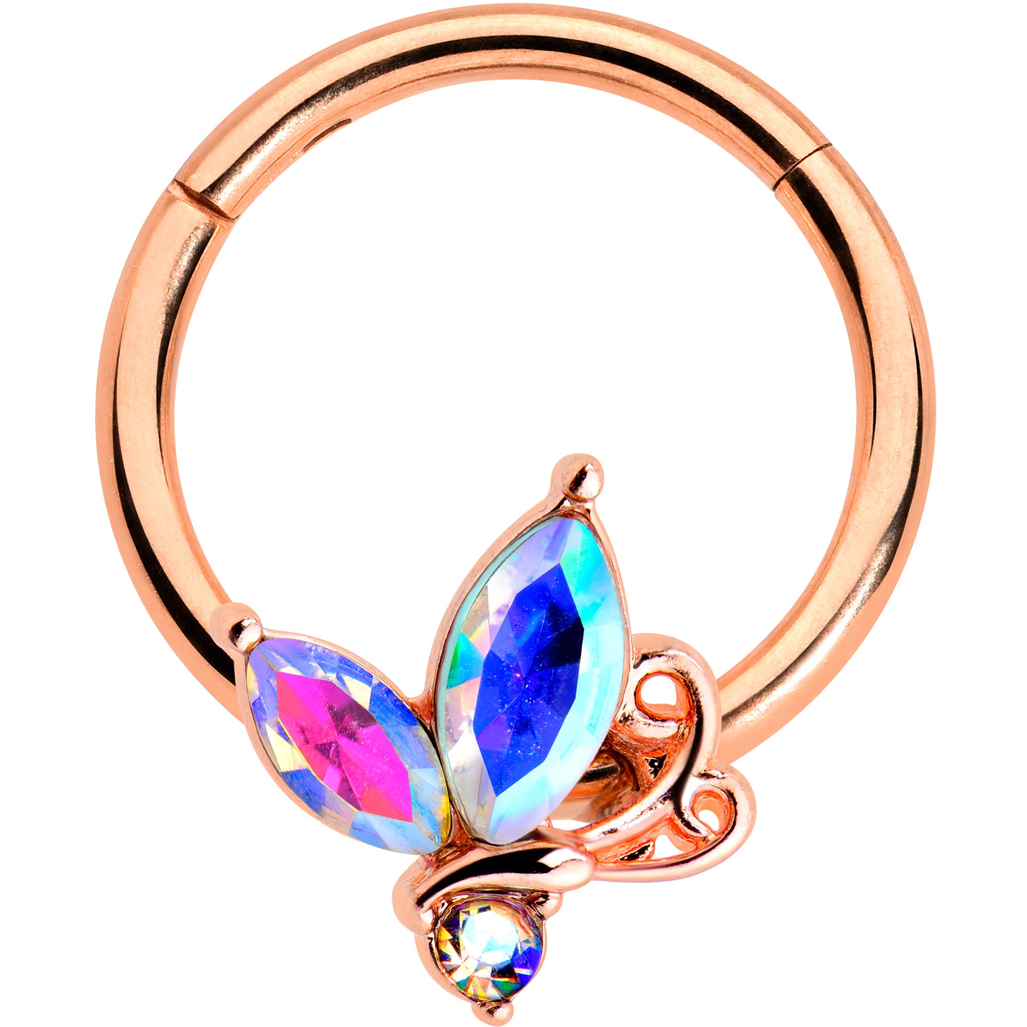 16G 3/8 Aurora CZ Gem Rosy Tone Fleur de Lis Butterfly Hinged Segment Ring