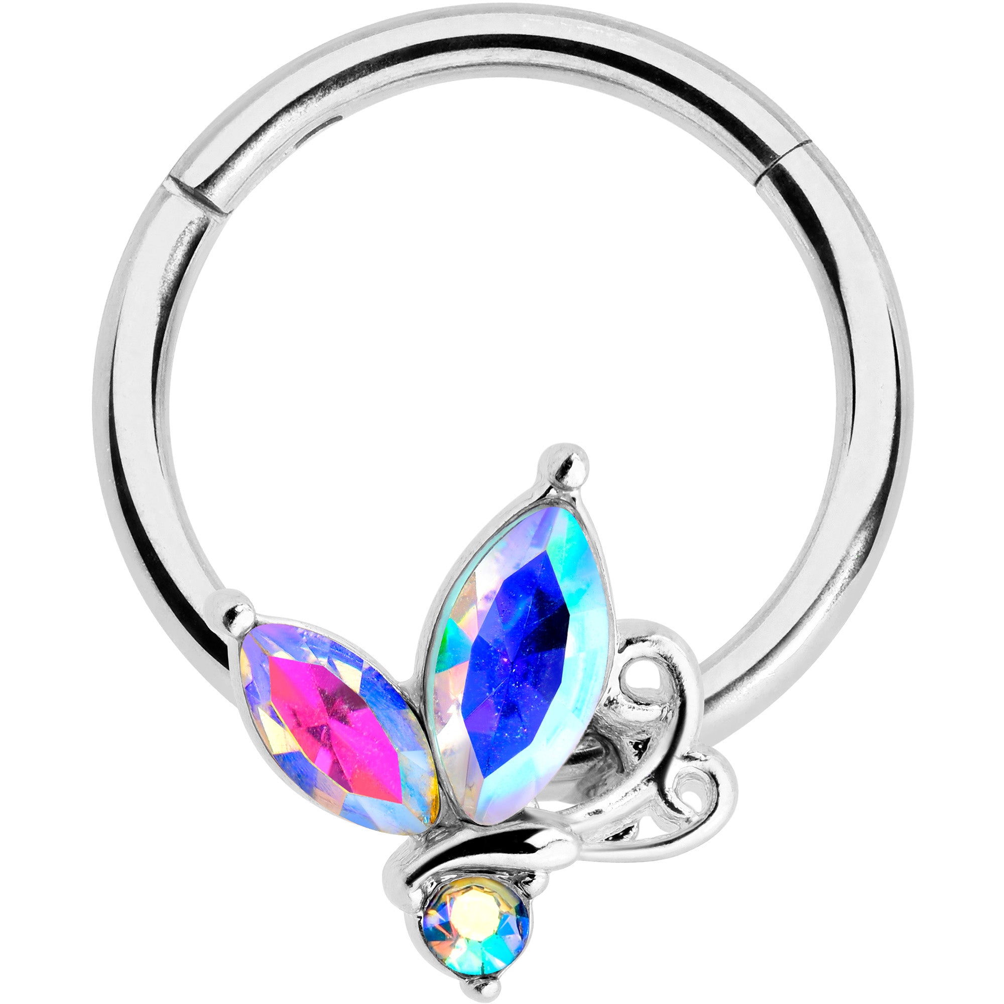 16G 3/8 Aurora CZ Gem Fleur de Lis Butterfly Hinged Segment Ring