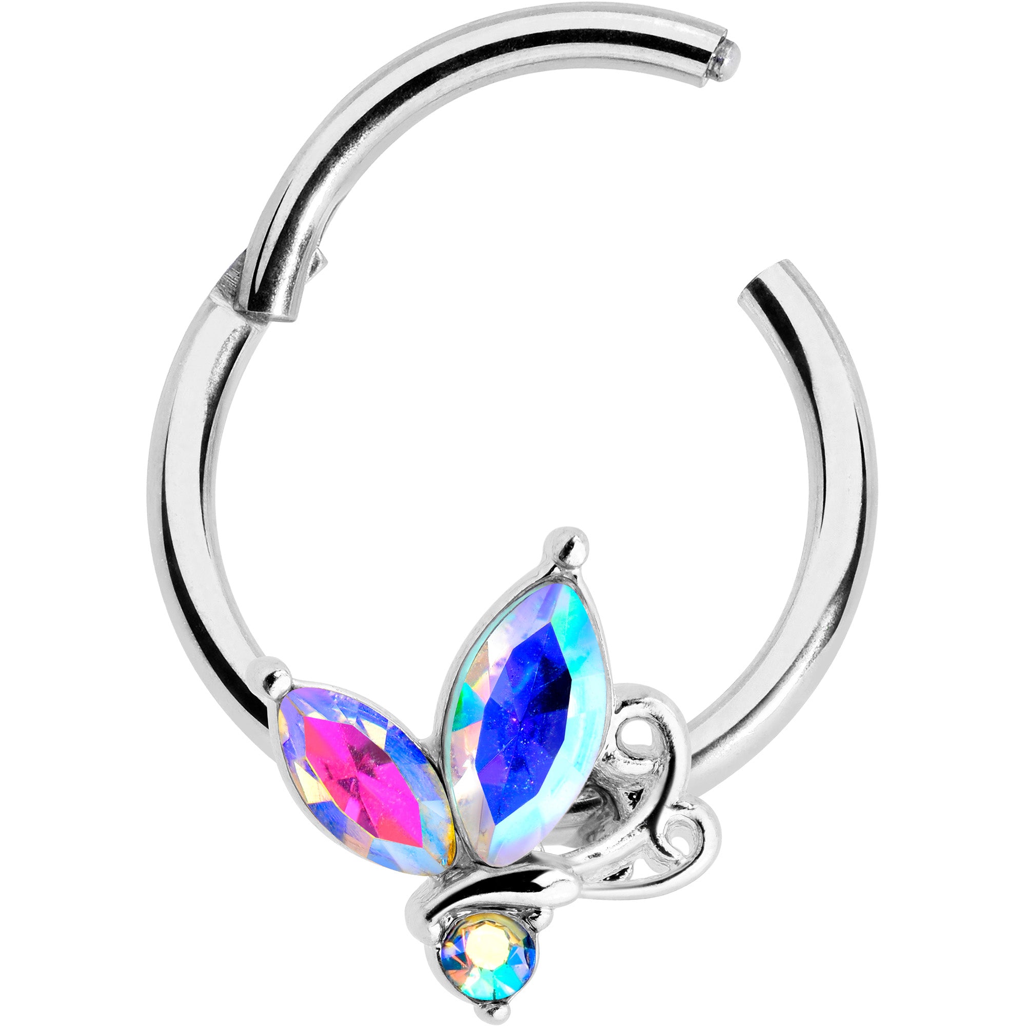 16G 3/8 Aurora CZ Gem Fleur de Lis Butterfly Hinged Segment Ring
