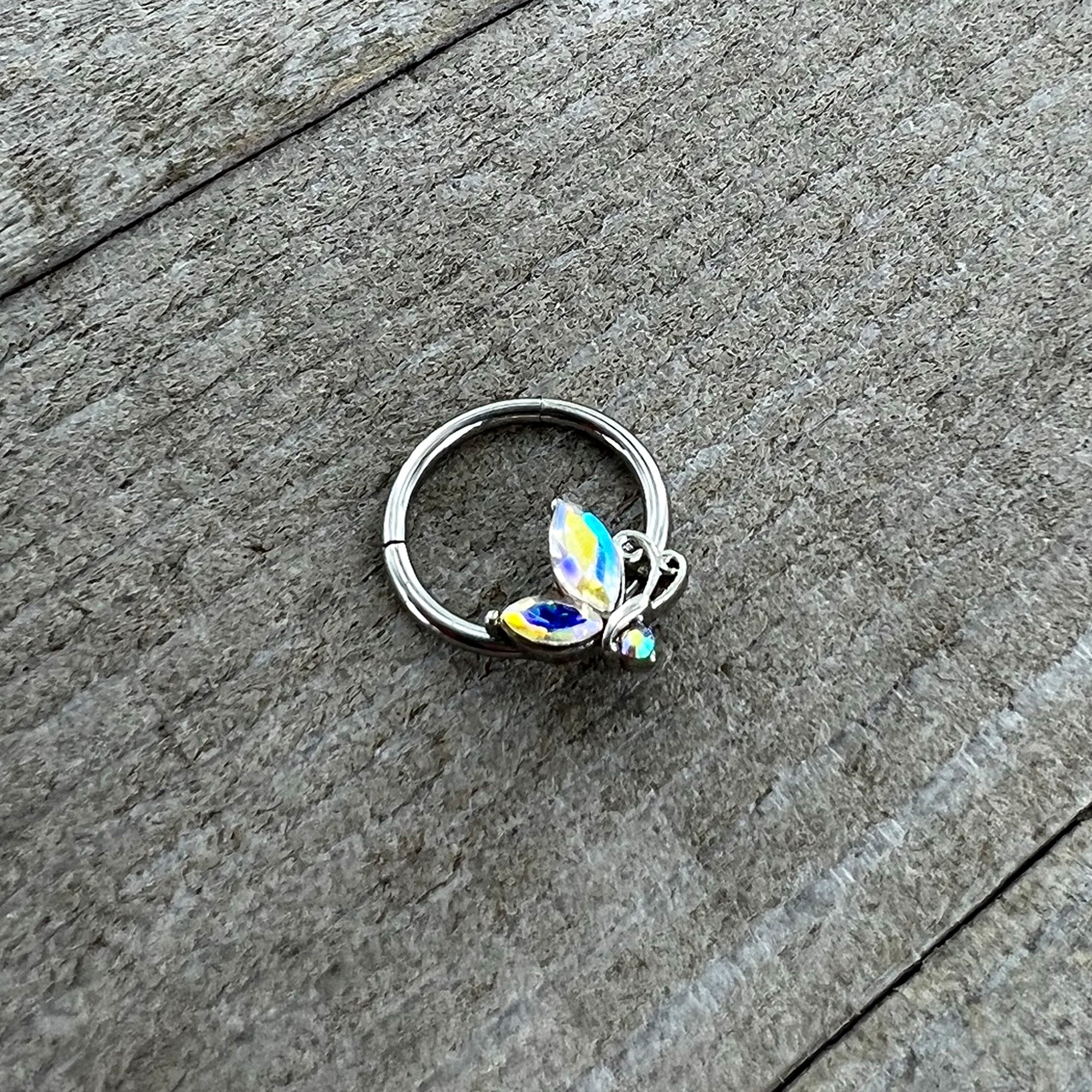 16G 3/8 Aurora CZ Gem Fleur de Lis Butterfly Hinged Segment Ring