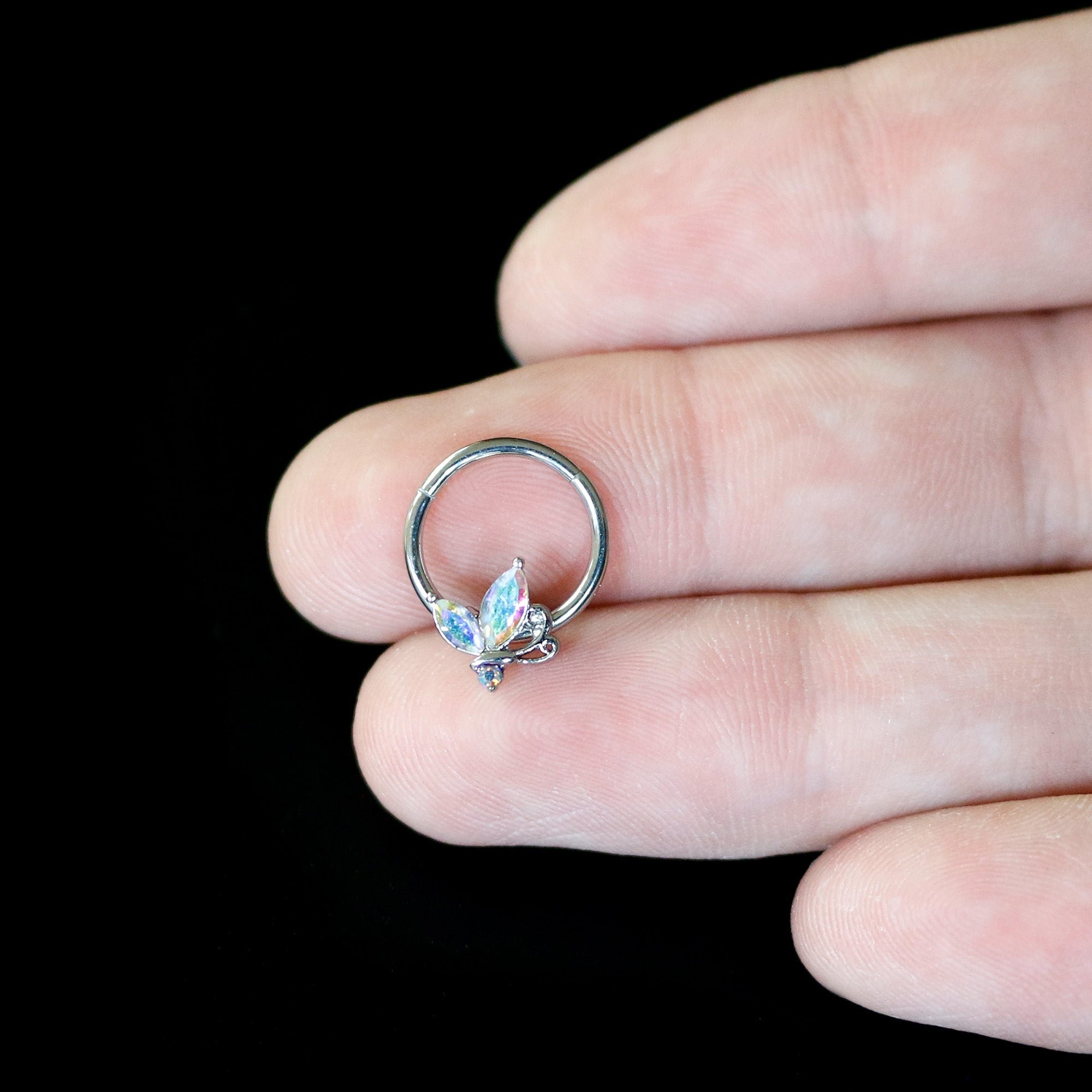 16G 3/8 Aurora CZ Gem Fleur de Lis Butterfly Hinged Segment Ring