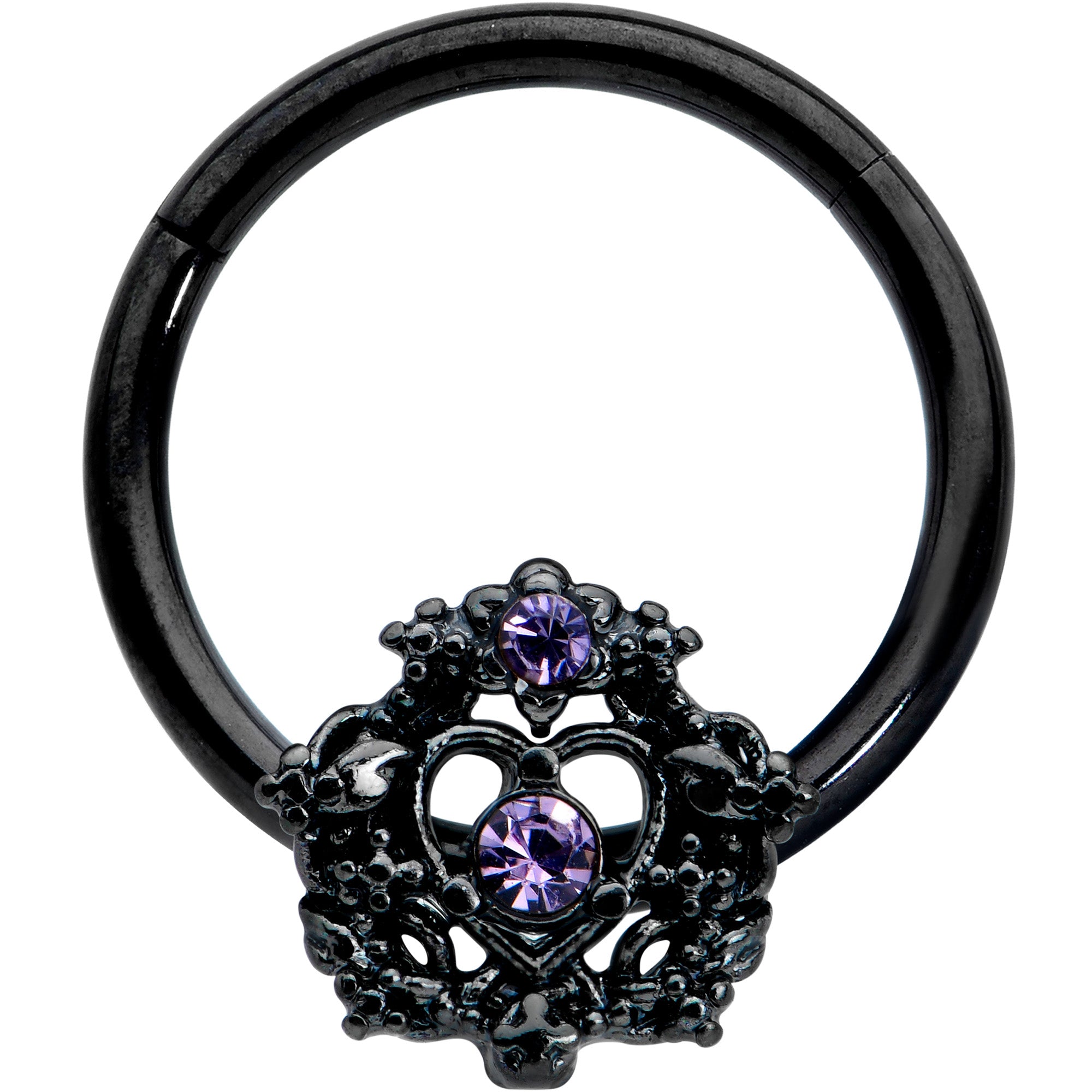 16G 3/8 Purple Gem Black Regal Crown Hinged Segment Ring