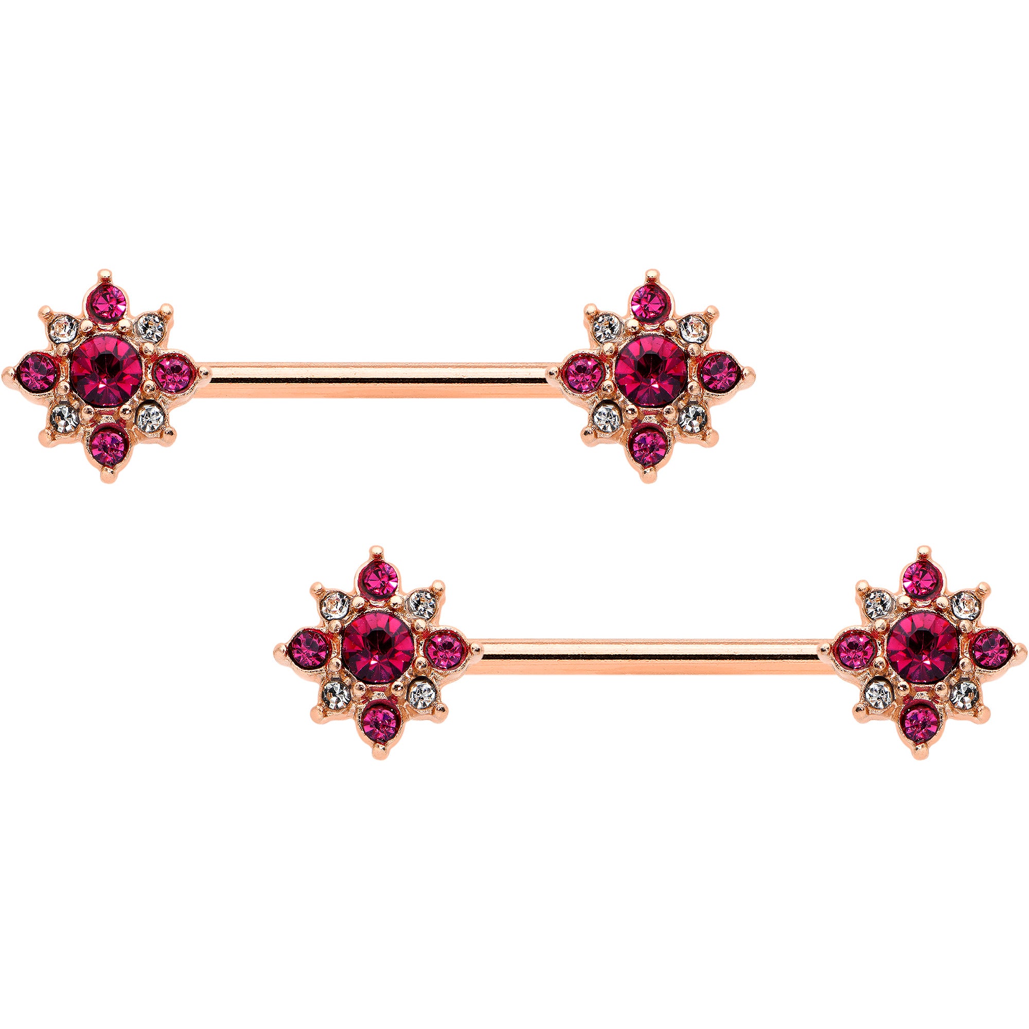 14G Red Gem Rose Gold Tone Rococo Star Barbell Nipple Ring Set
