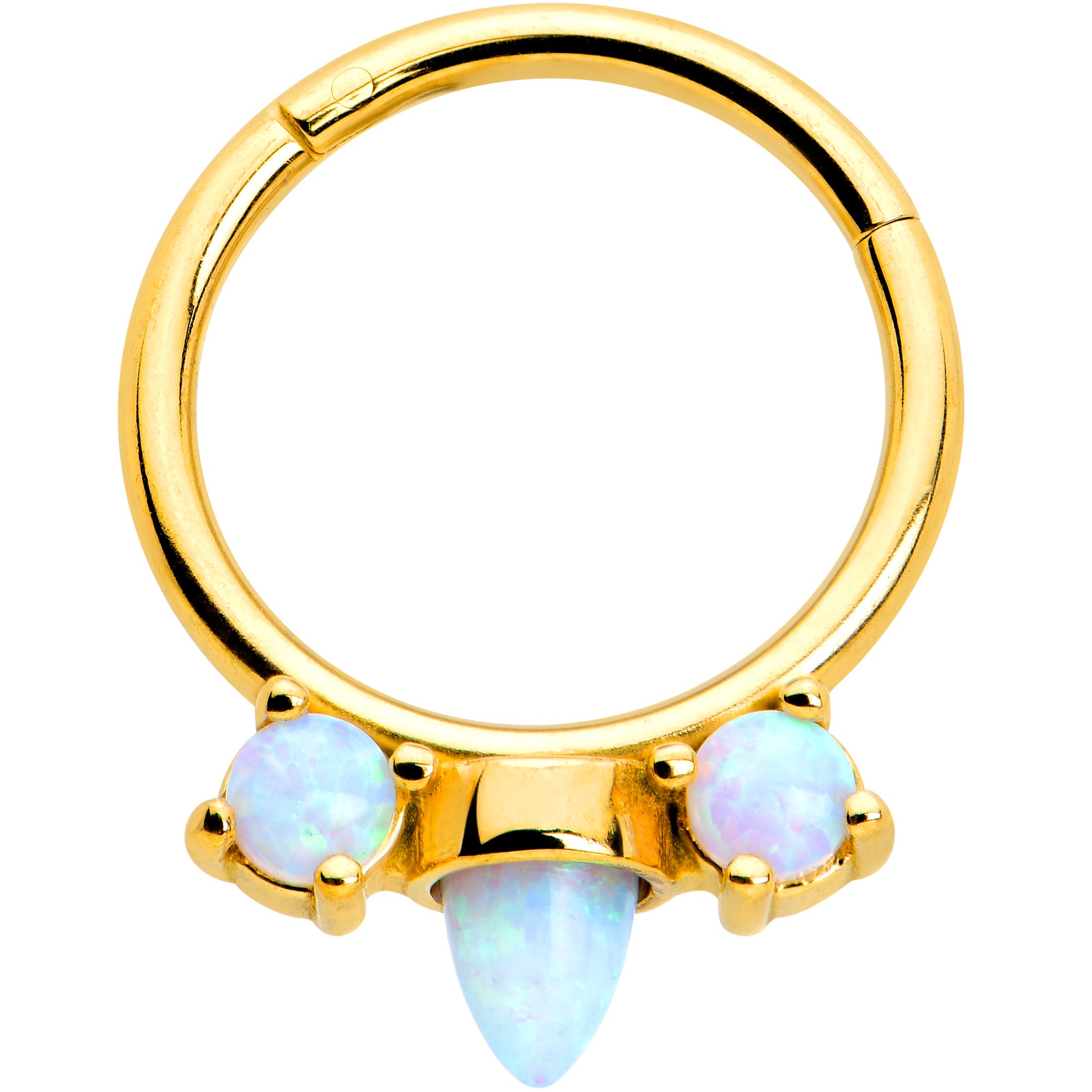 16G 3/8 White Synthetic Opal Gold Tone Trio Point Hinged Segment Ring