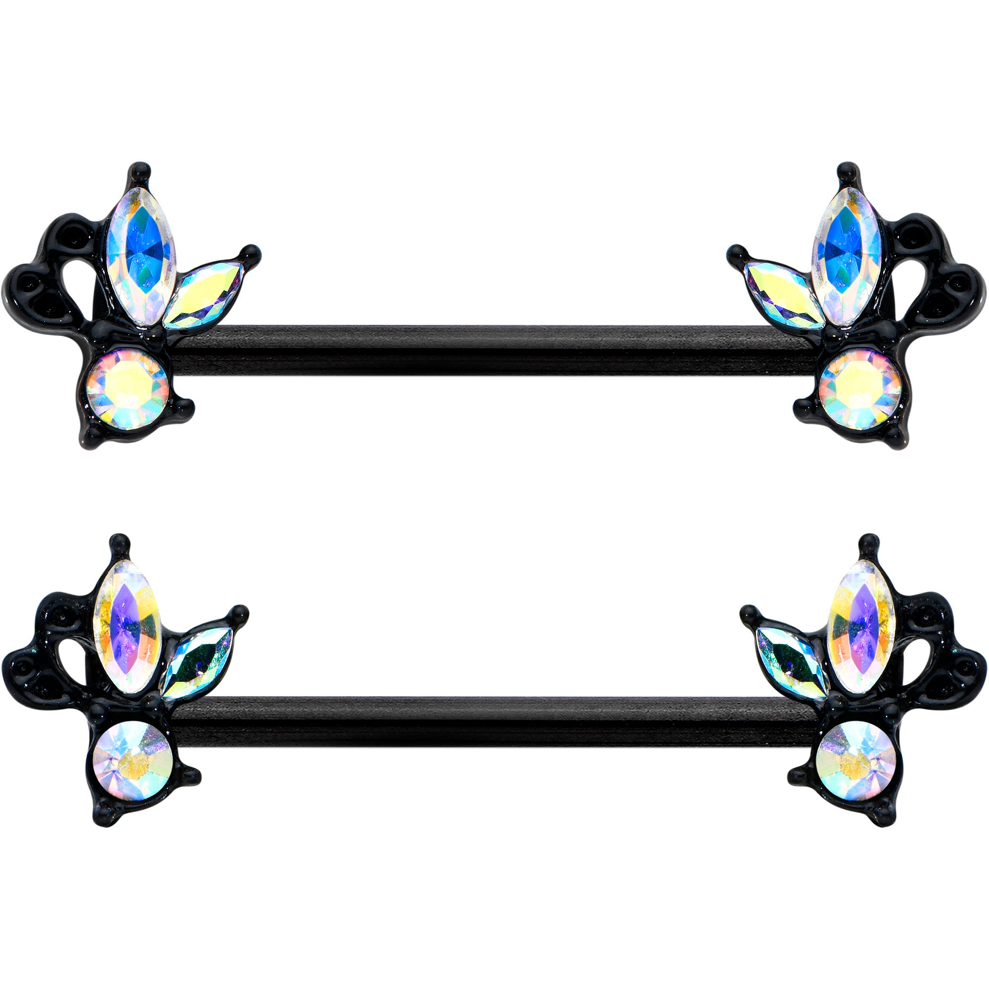 14G 19mm Aurora CZ Gem Black Fleur de Lis Butterfly Barbell Nipple Ring Set