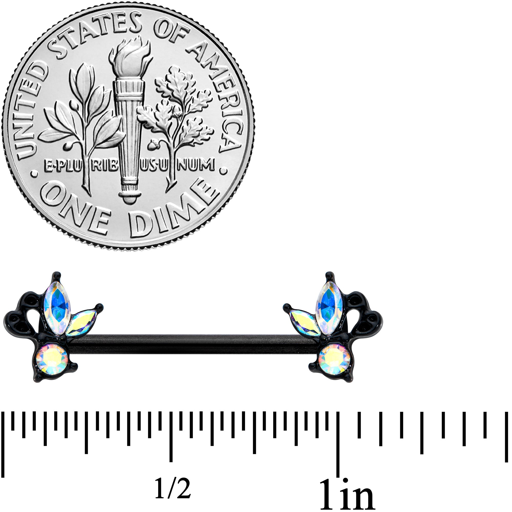 14G 19mm Aurora CZ Gem Black Fleur de Lis Butterfly Barbell Nipple Ring Set