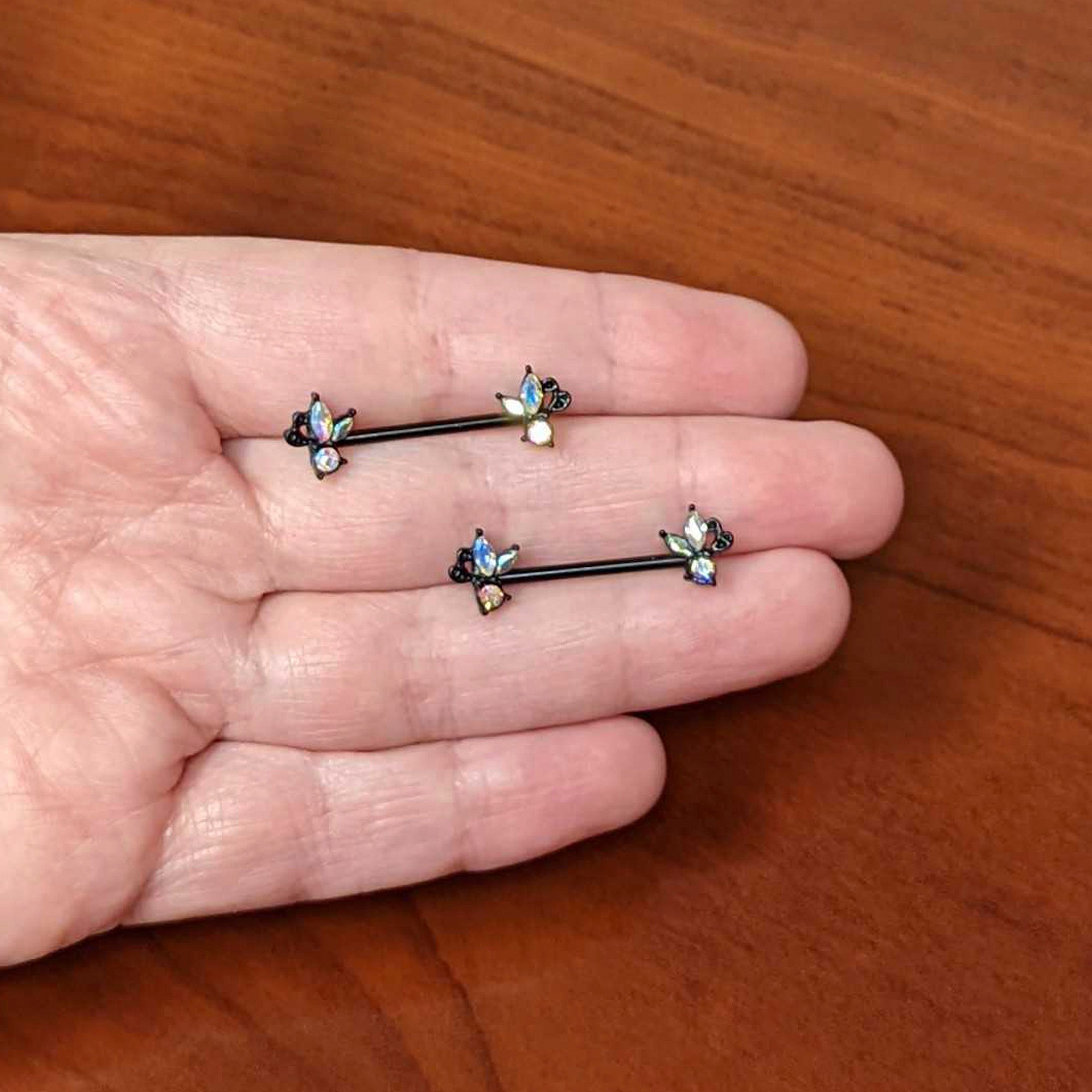 14G 19mm Aurora CZ Gem Black Fleur de Lis Butterfly Barbell Nipple Ring Set