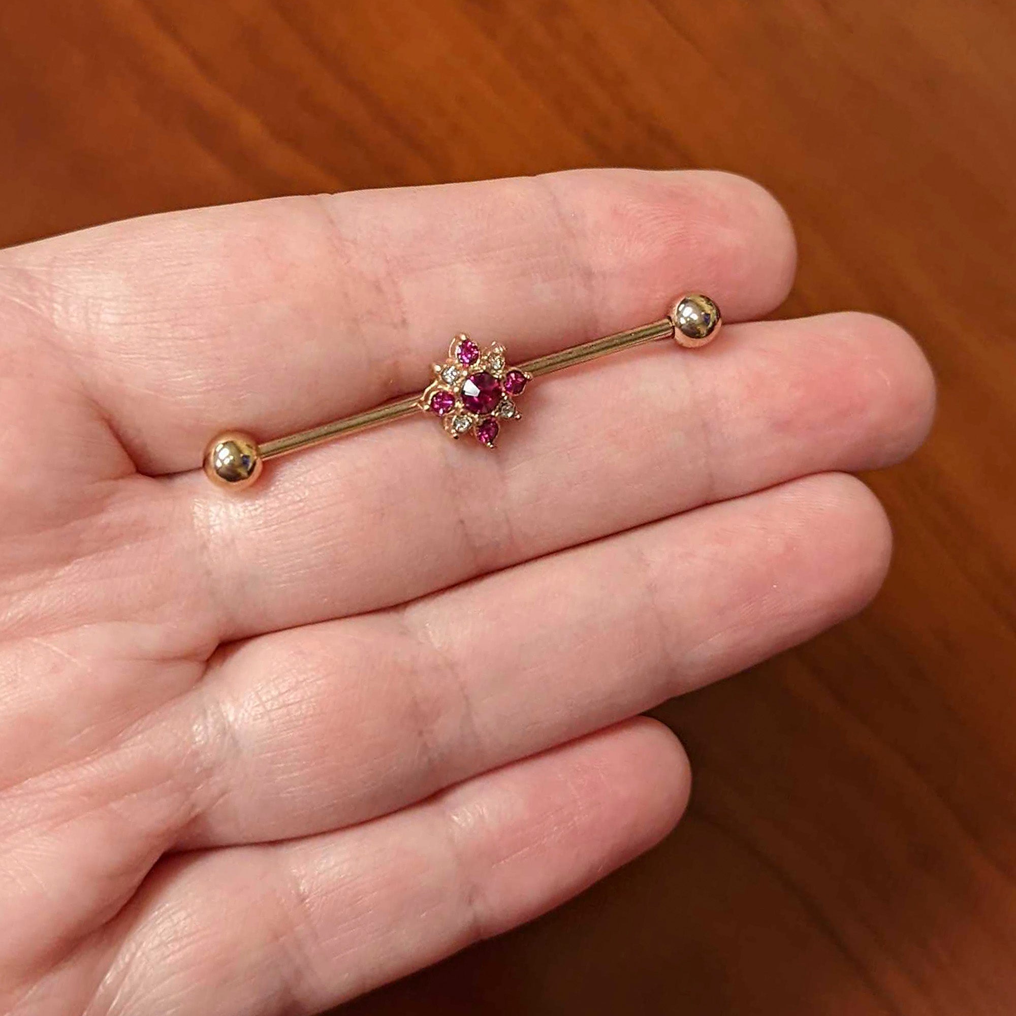 14G Red Gem Rose Gold Tone Rococo Star Industrial Barbell 38mm