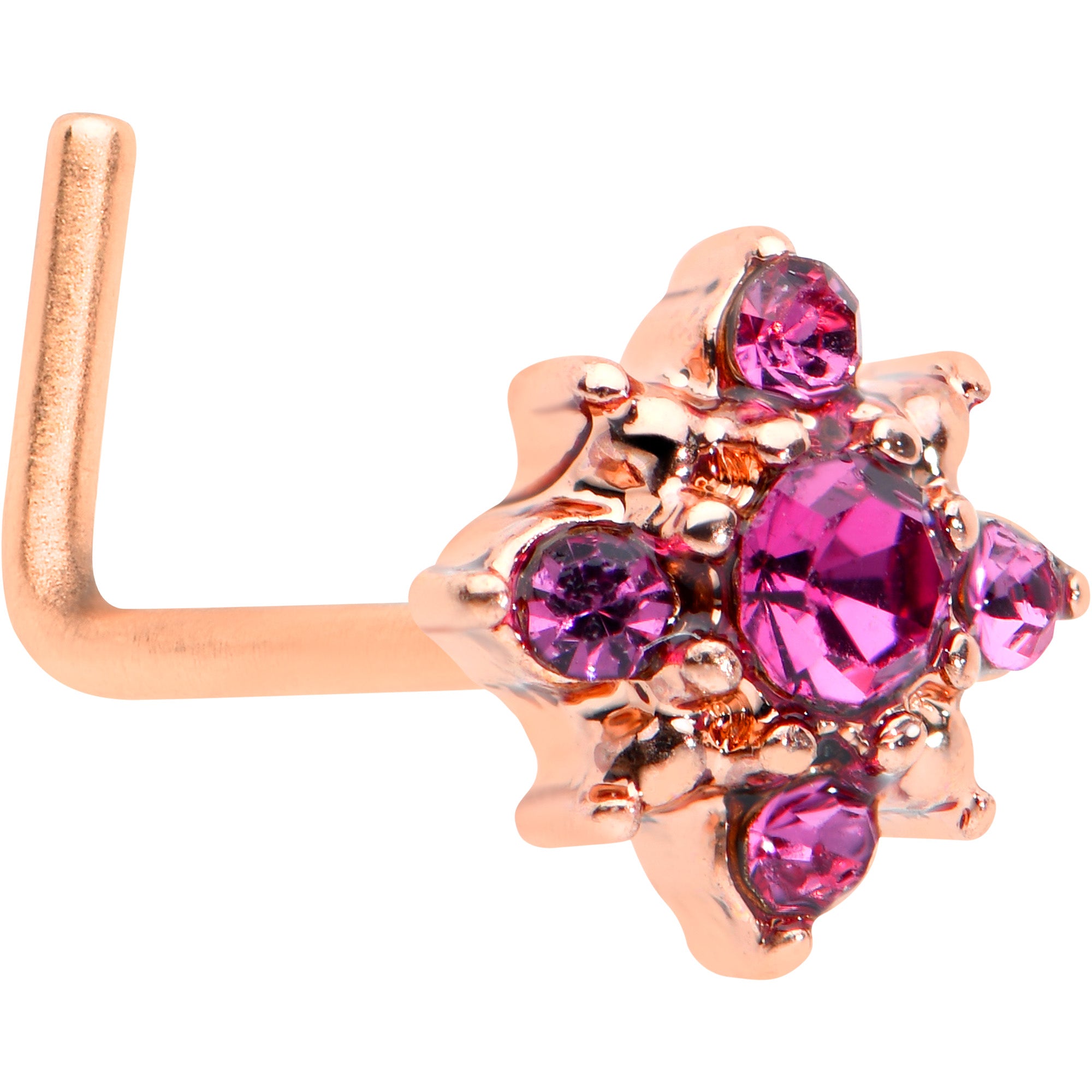 20G 7mm Pink Gem Rose Gold Tone Rococo Star L Shape Nose Ring