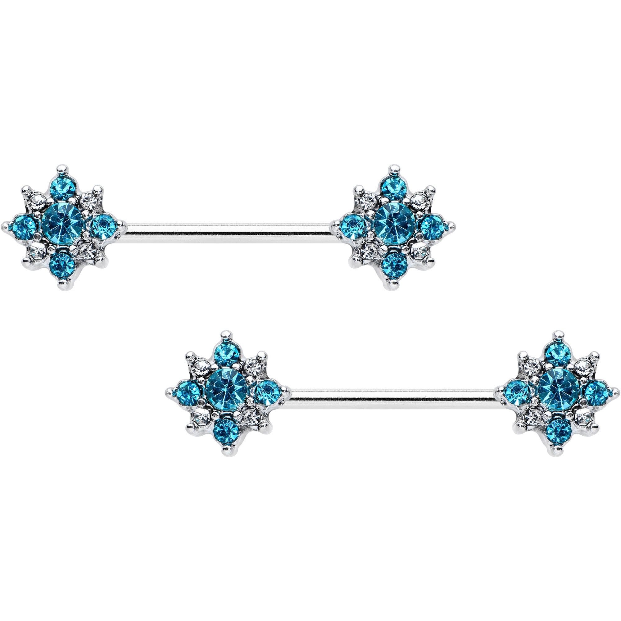 14G 9/16 Clear Blue Gem Opulent Flower Barbell Nipple Ring Set