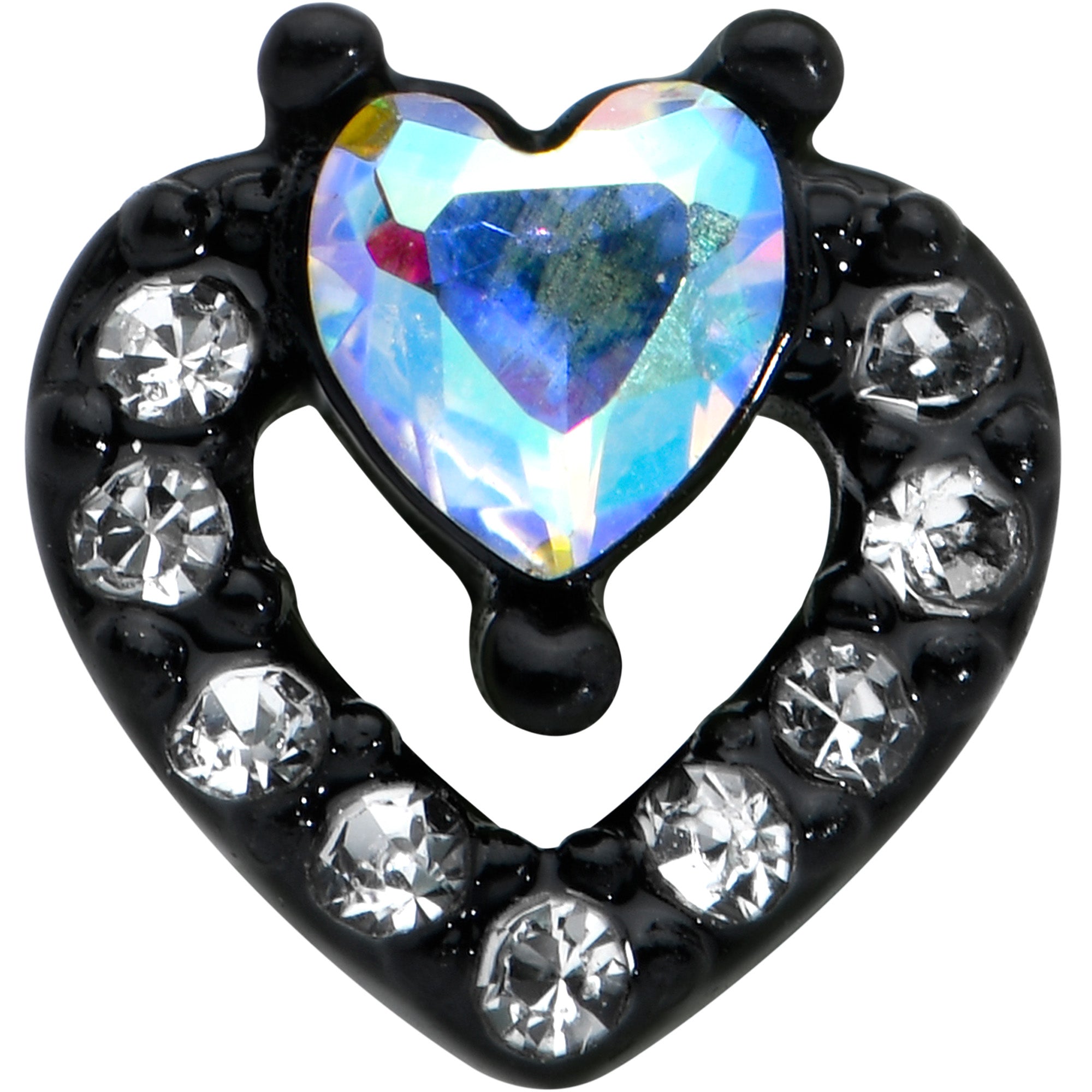 20G 1/4 Clear Aurora Gem Black Heart Valentines Nose Bone