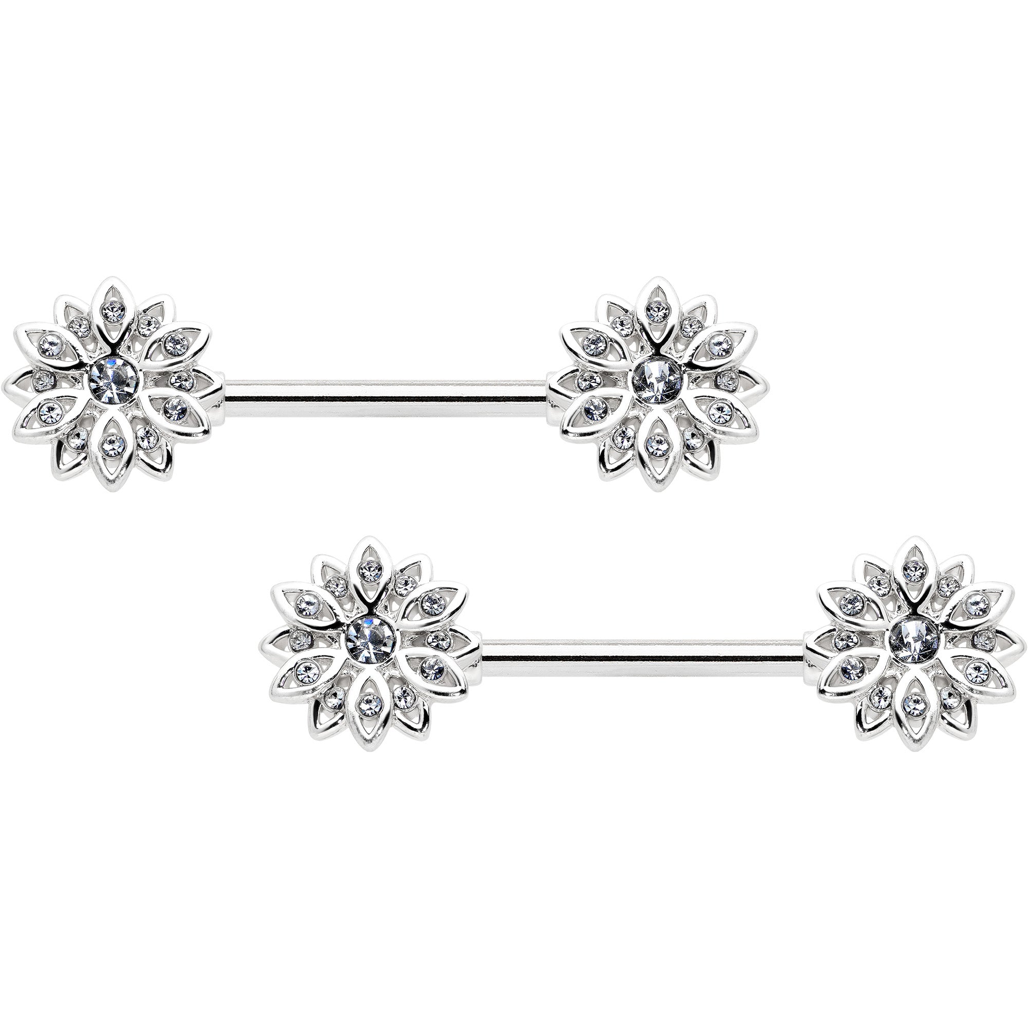 14G 9/16 Clear Gem Rococo Starry Flower Barbell Nipple Ring Set