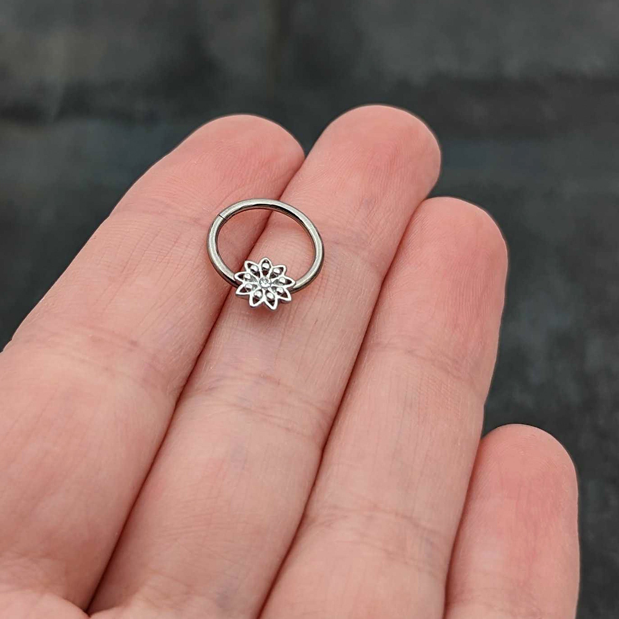 16G 3/8 Clear Gem Starry Flower Hinged Segment Ring