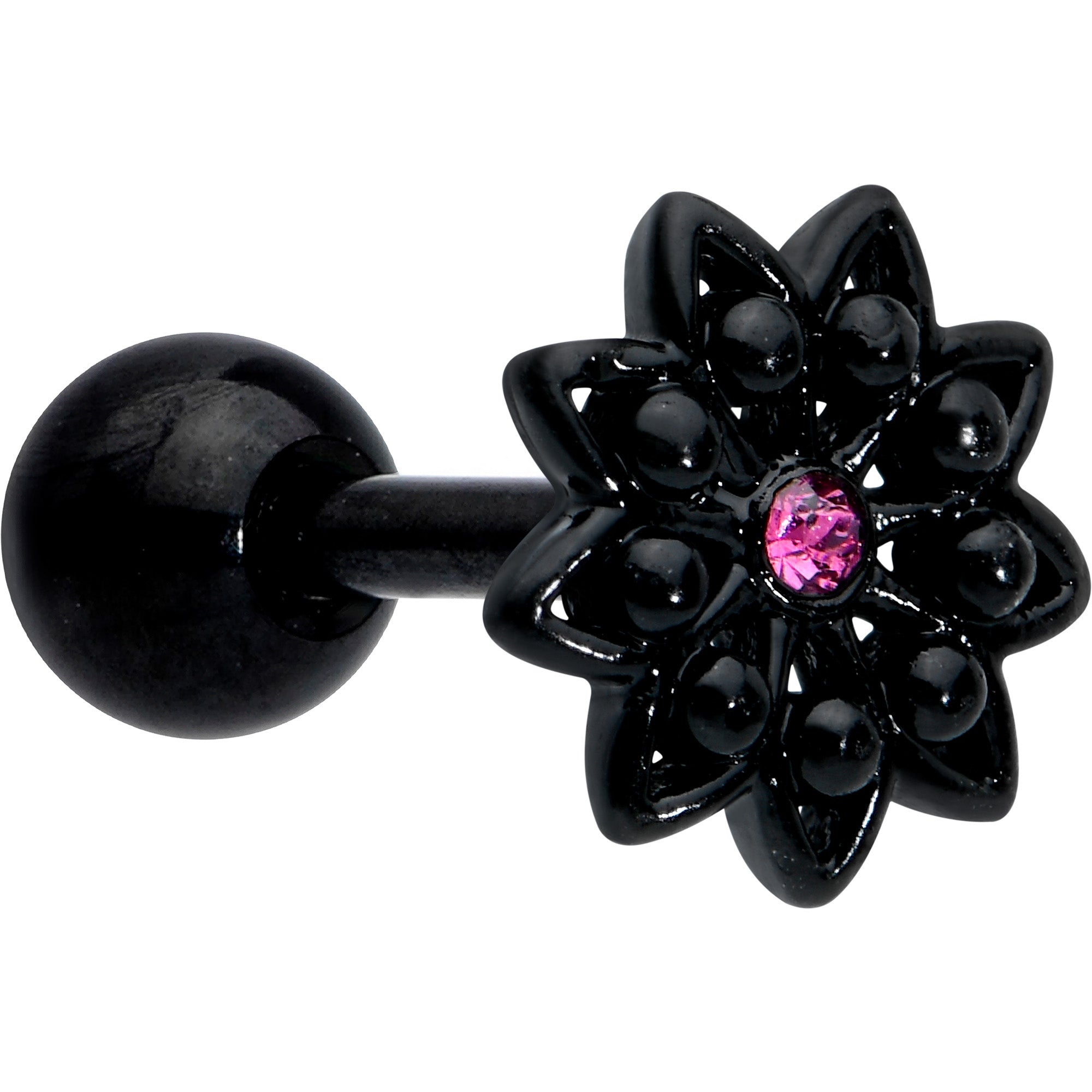 16G 1/4 Pink Gem Black Midnight Flower Cartilage Tragus Earring