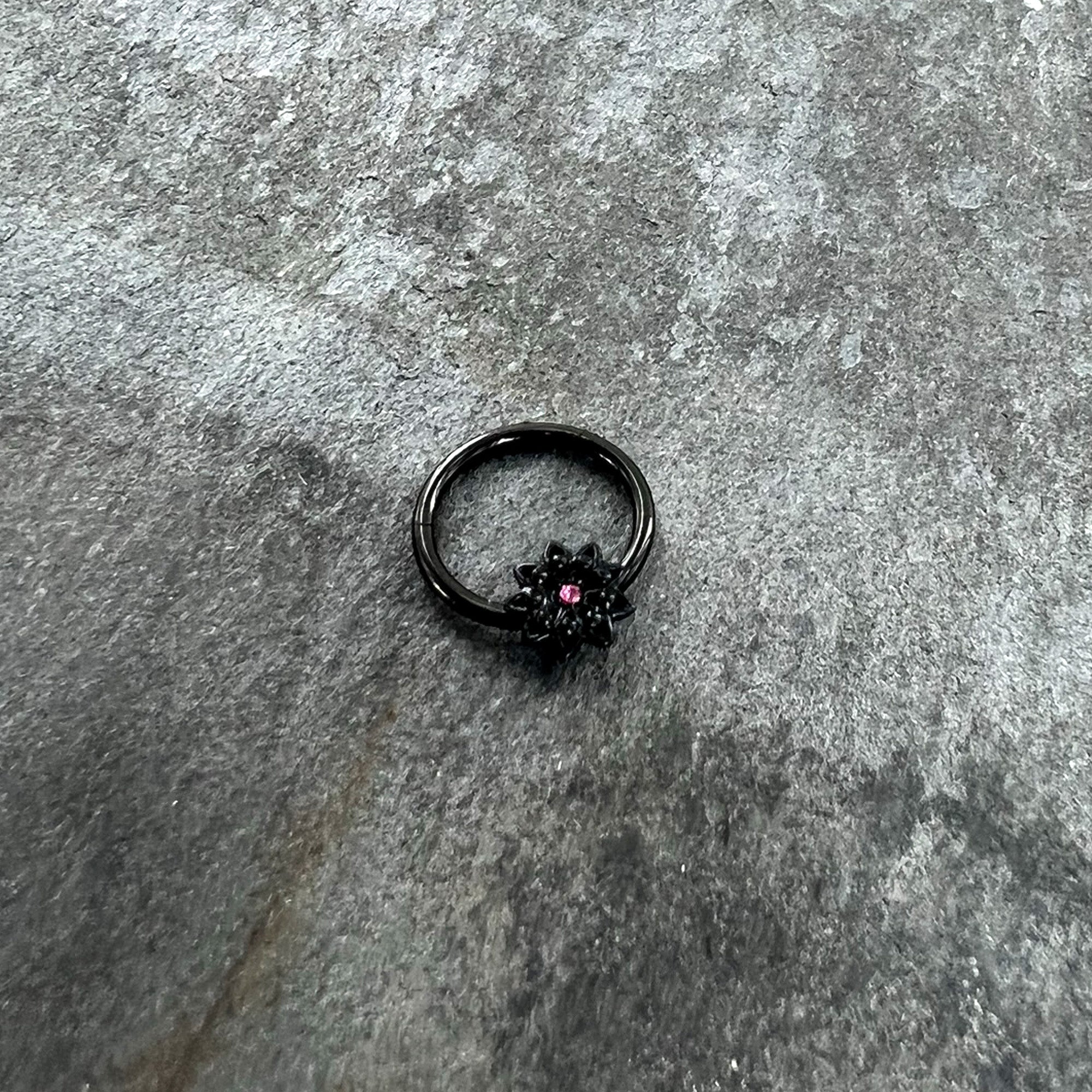 16G 3/8 Pink Gem Black Starry Flower Hinged Segment Ring