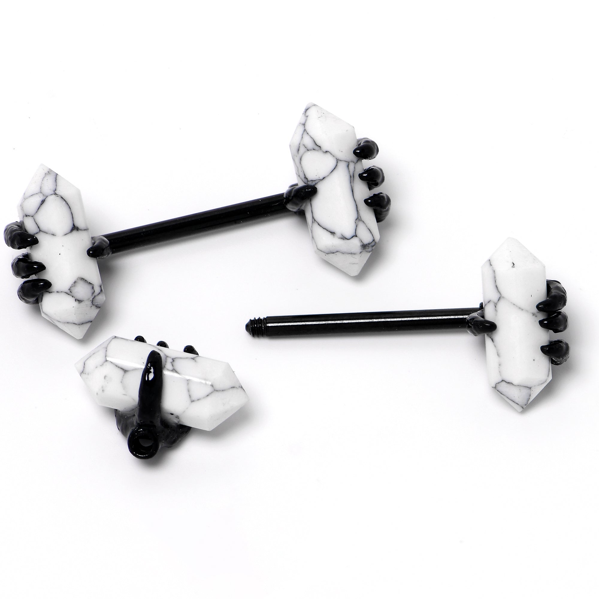 14G 9/16 White Howlite Black Claw Barbell Nipple Ring Set
