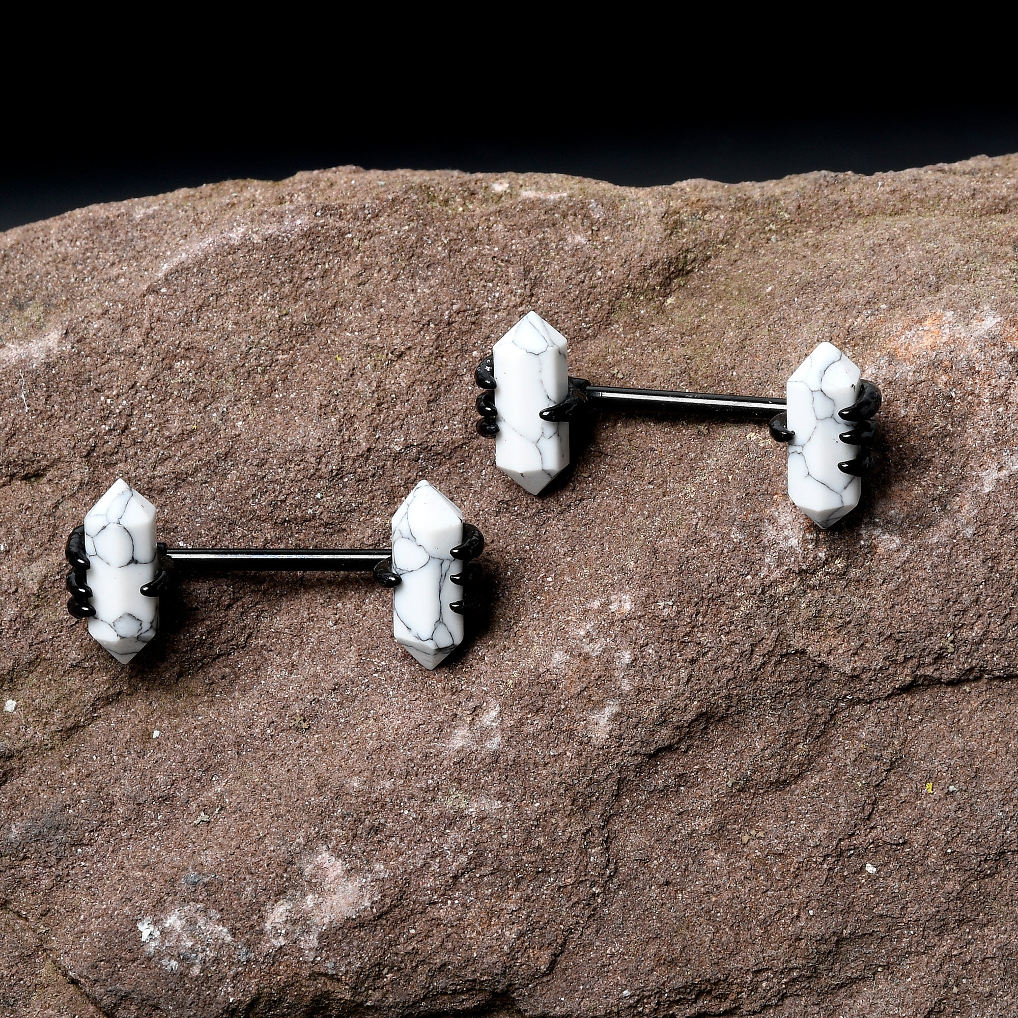 14G 9/16 White Howlite Black Claw Barbell Nipple Ring Set