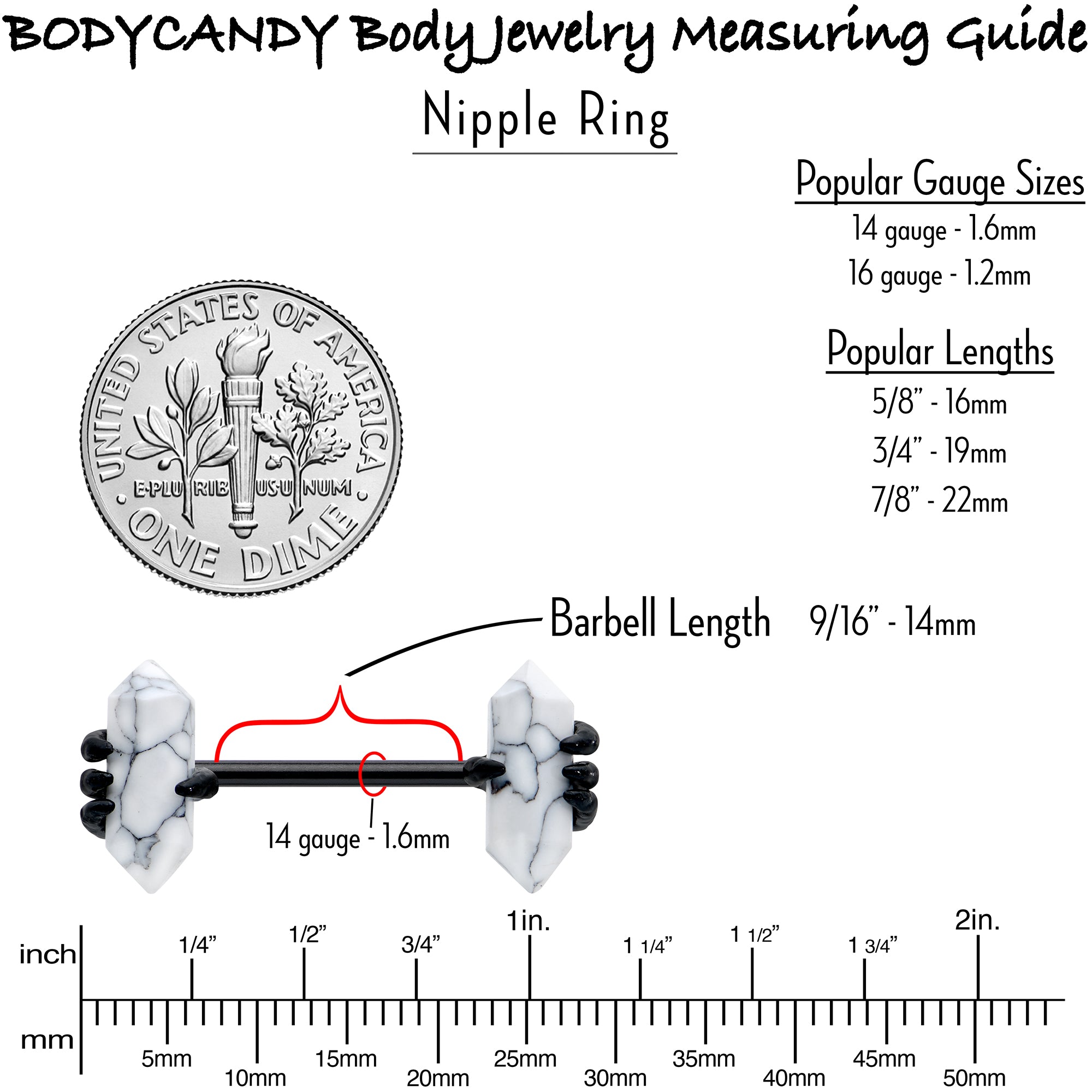 14G 9/16 White Howlite Black Claw Barbell Nipple Ring Set