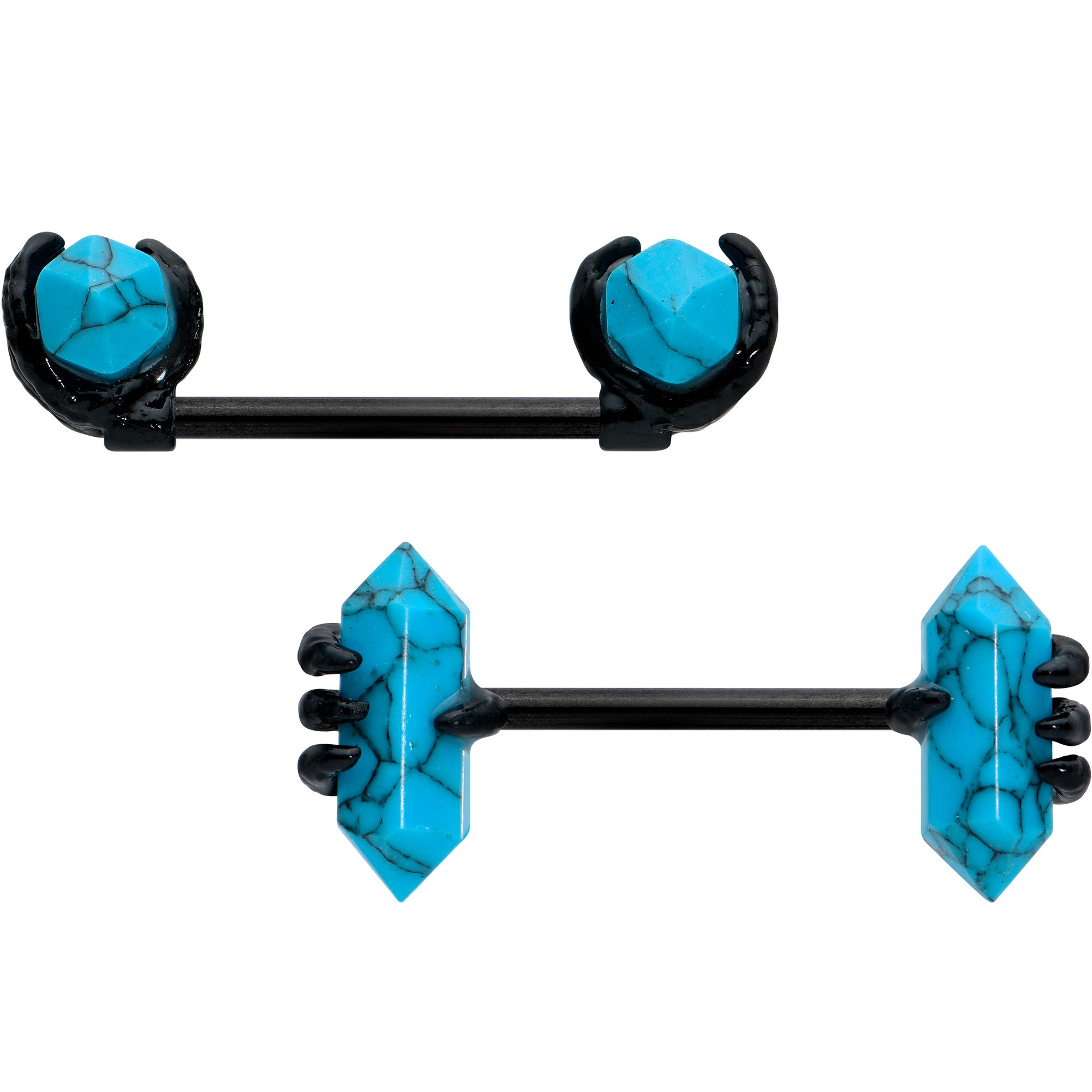 14G 9/16 Blue Turquoise Black Claw Barbell Nipple Ring Set