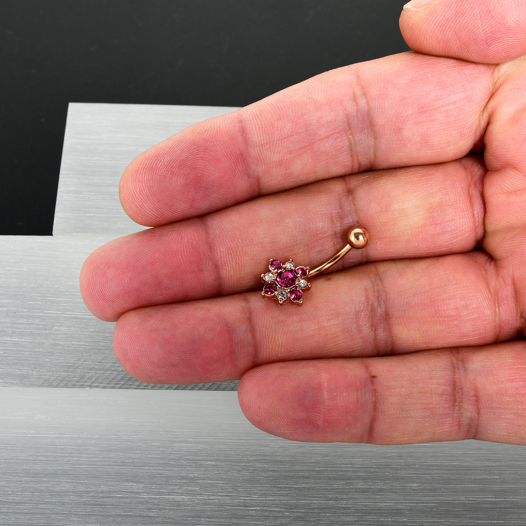 Pink Clear Gem Rose Gold Tone Rococo Star Belly Ring