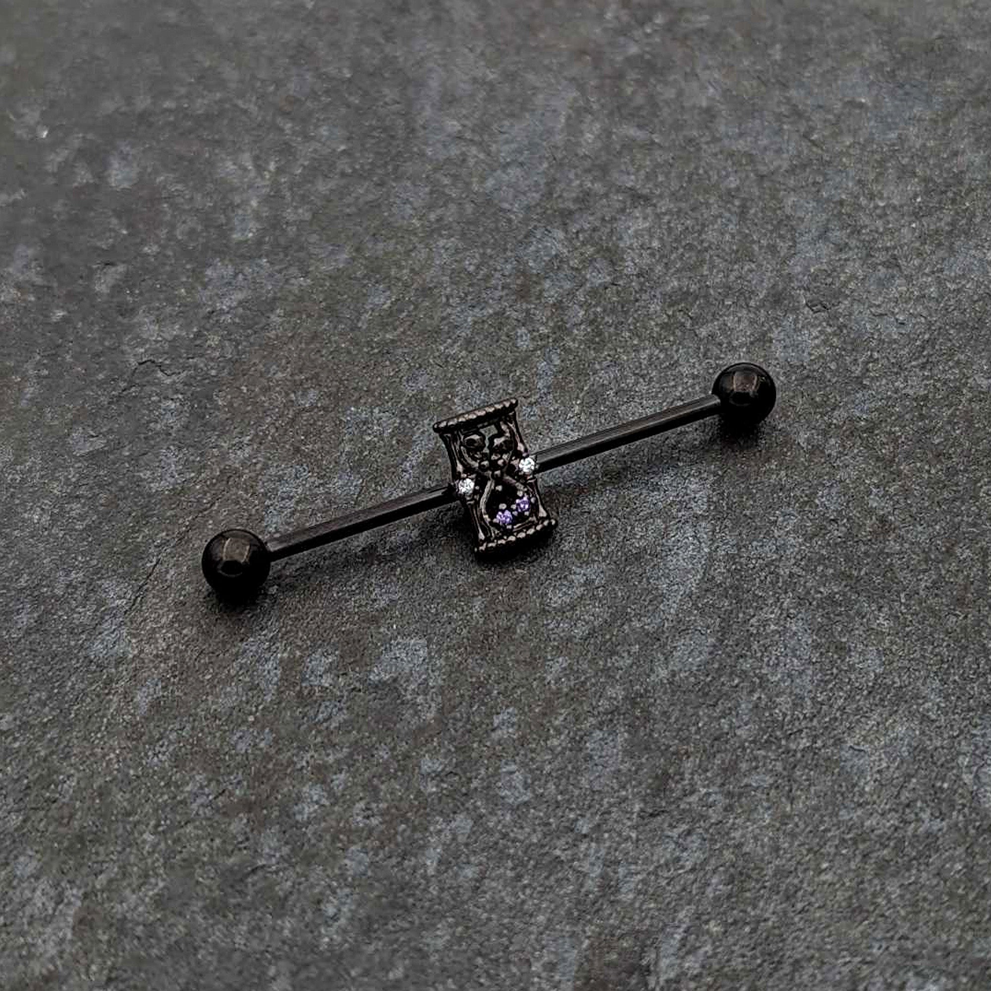 14G Purple Gem Black Gothic Hourglass Industrial Barbell 38mm