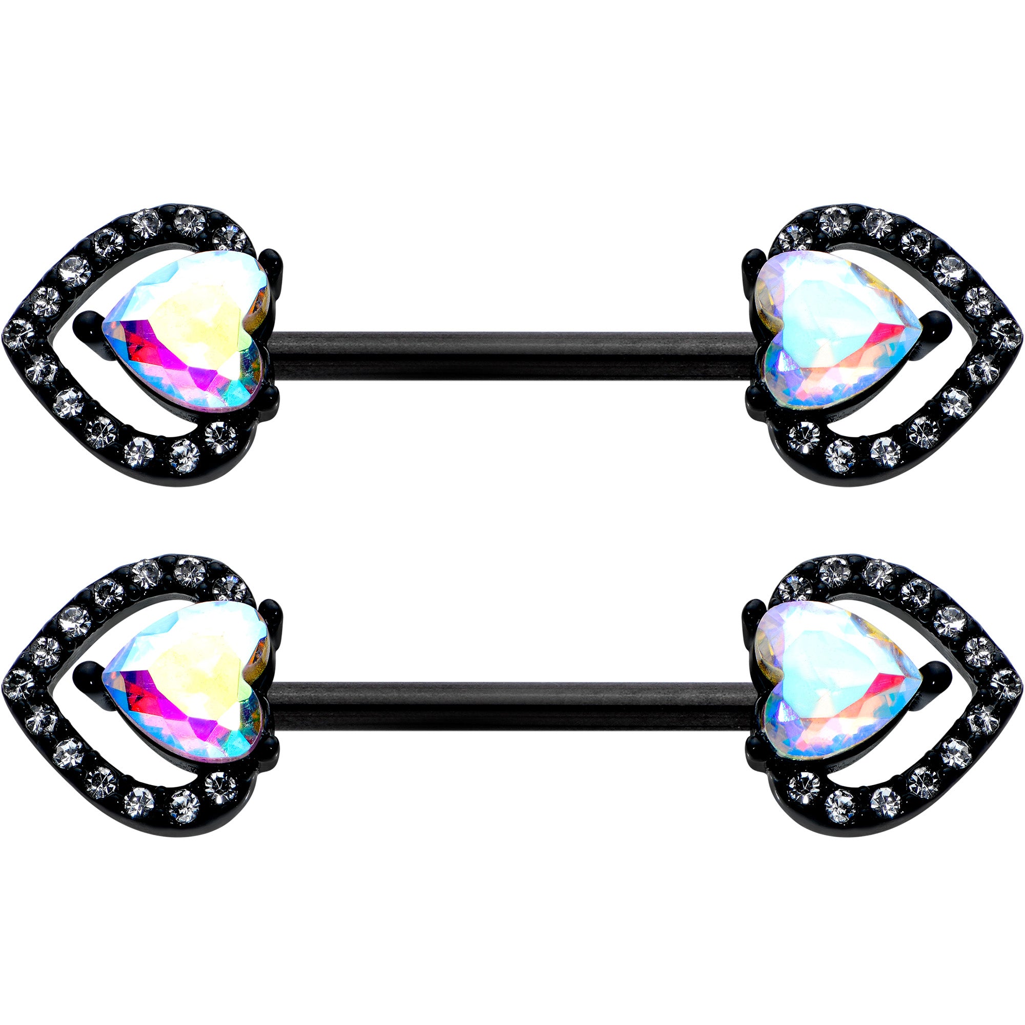 14 G 9/16 Aurora Gem Black Rococo Heart Barbell Nipple Ring Set