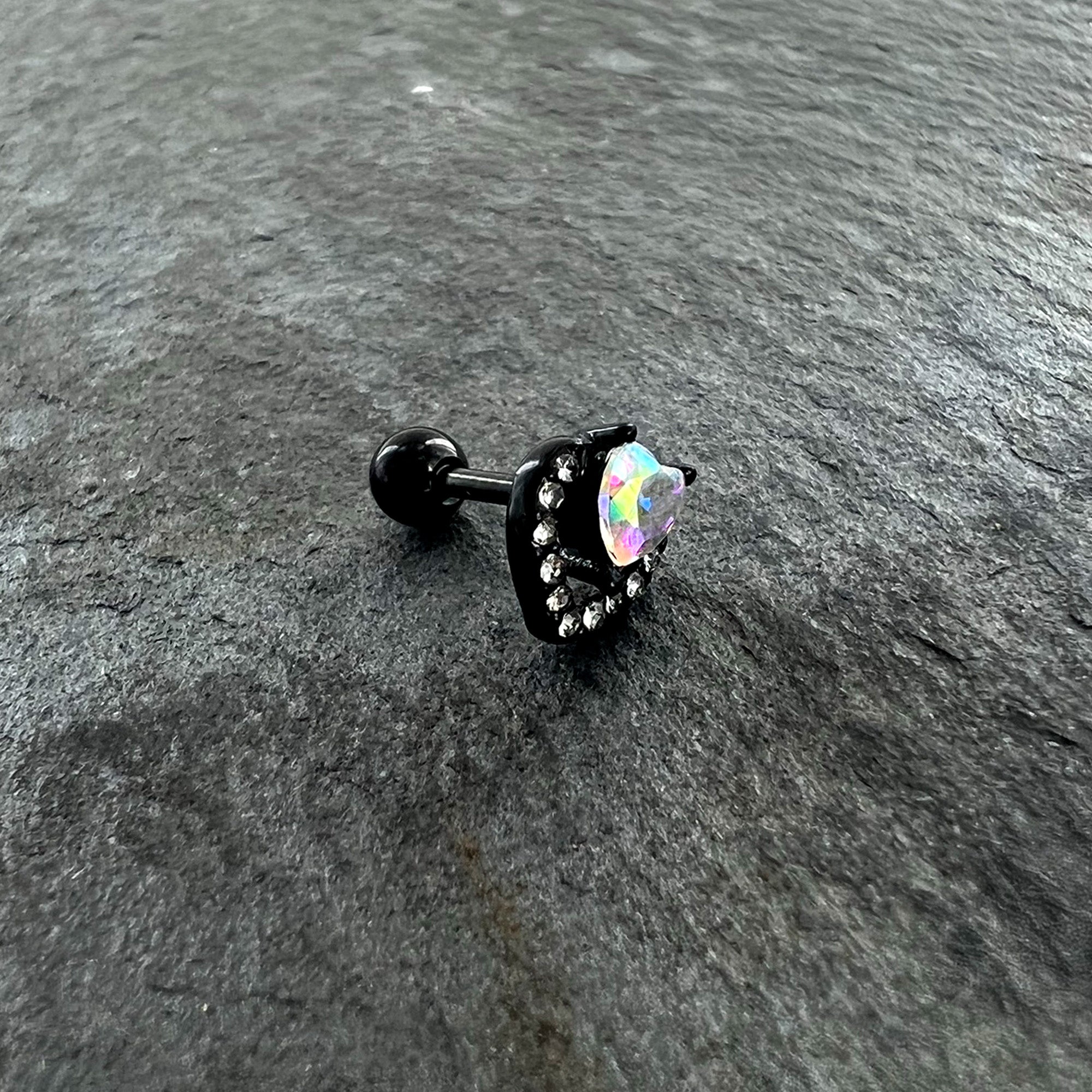16G 1/4 Aurora Gem Black Double Heart Cartilage Tragus Earring