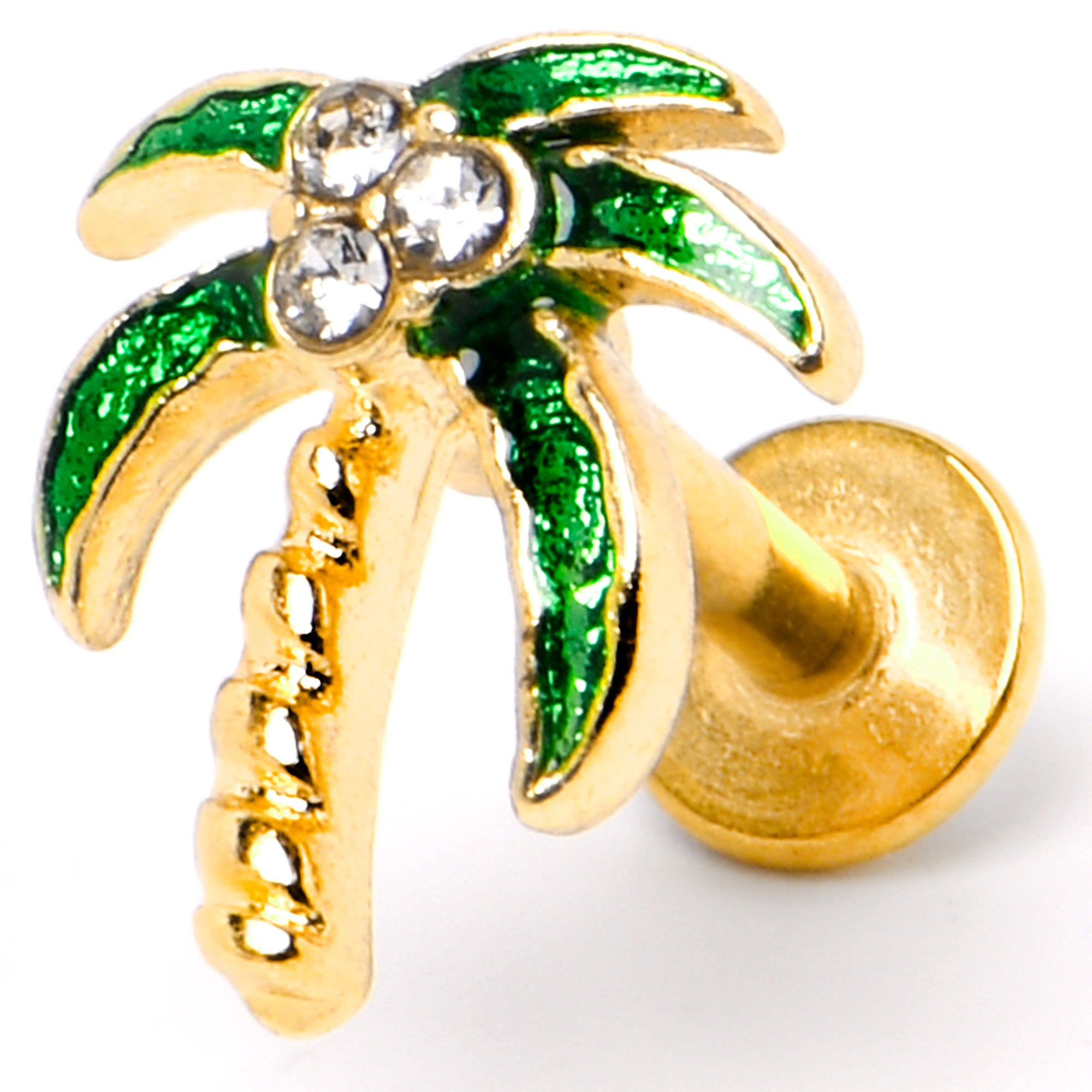 16G 1/4 Clear Gem Gold Tone Palm Tree Style Labret