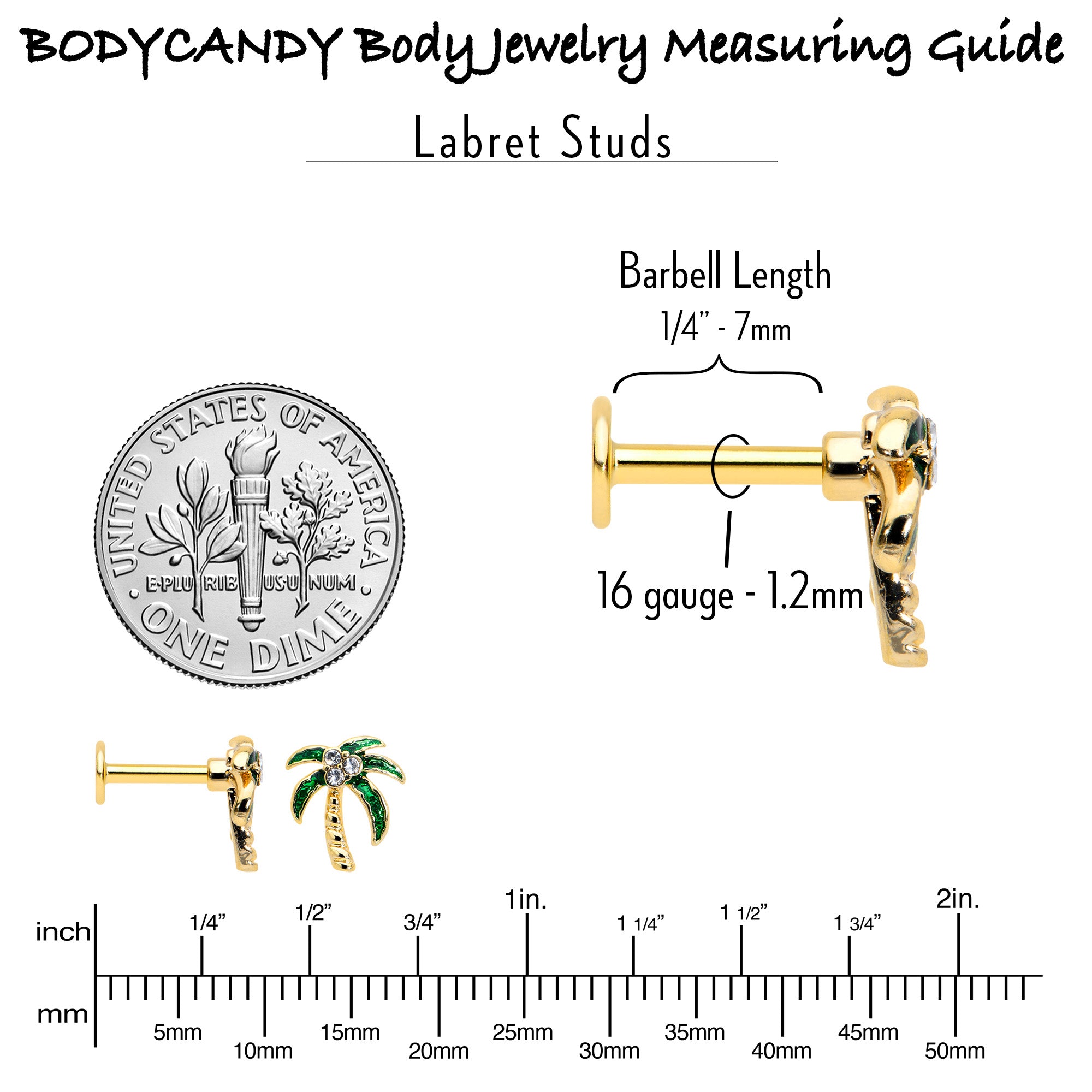 16G 1/4 Clear Gem Gold Tone Palm Tree Style Labret