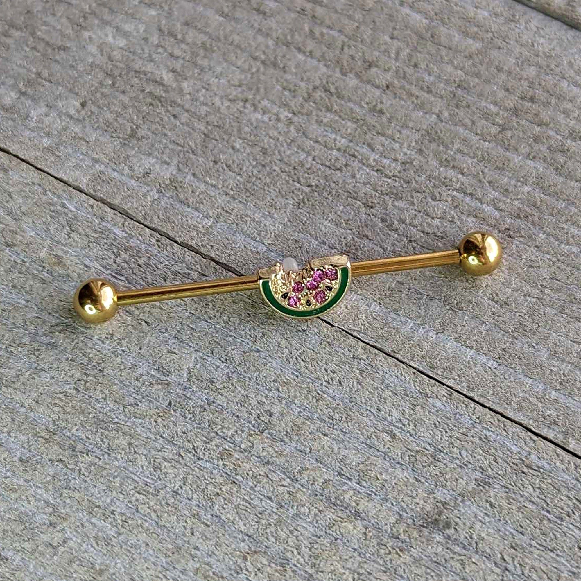 14G Gold Tone Watermelon Bite Industrial Barbell 38mm