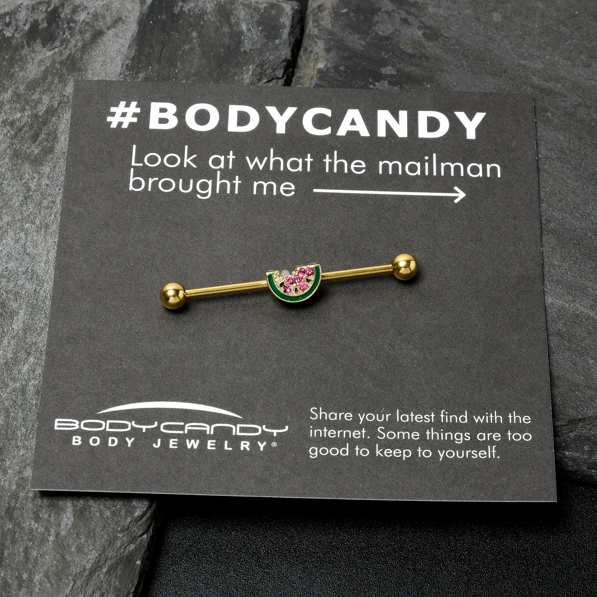 14G Gold Tone Watermelon Bite Industrial Barbell 38mm