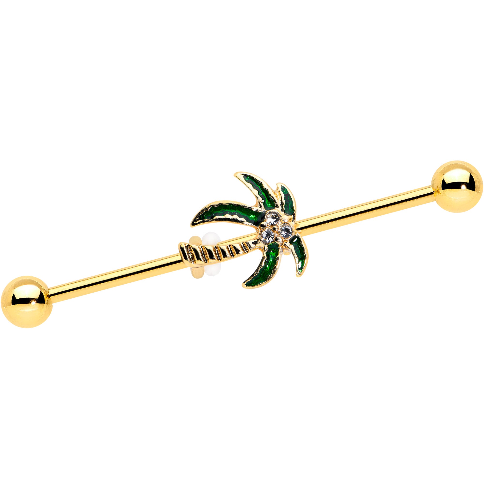 14G Clear Gem Gold Tone Palm Tree Style Industrial Barbell 38mm