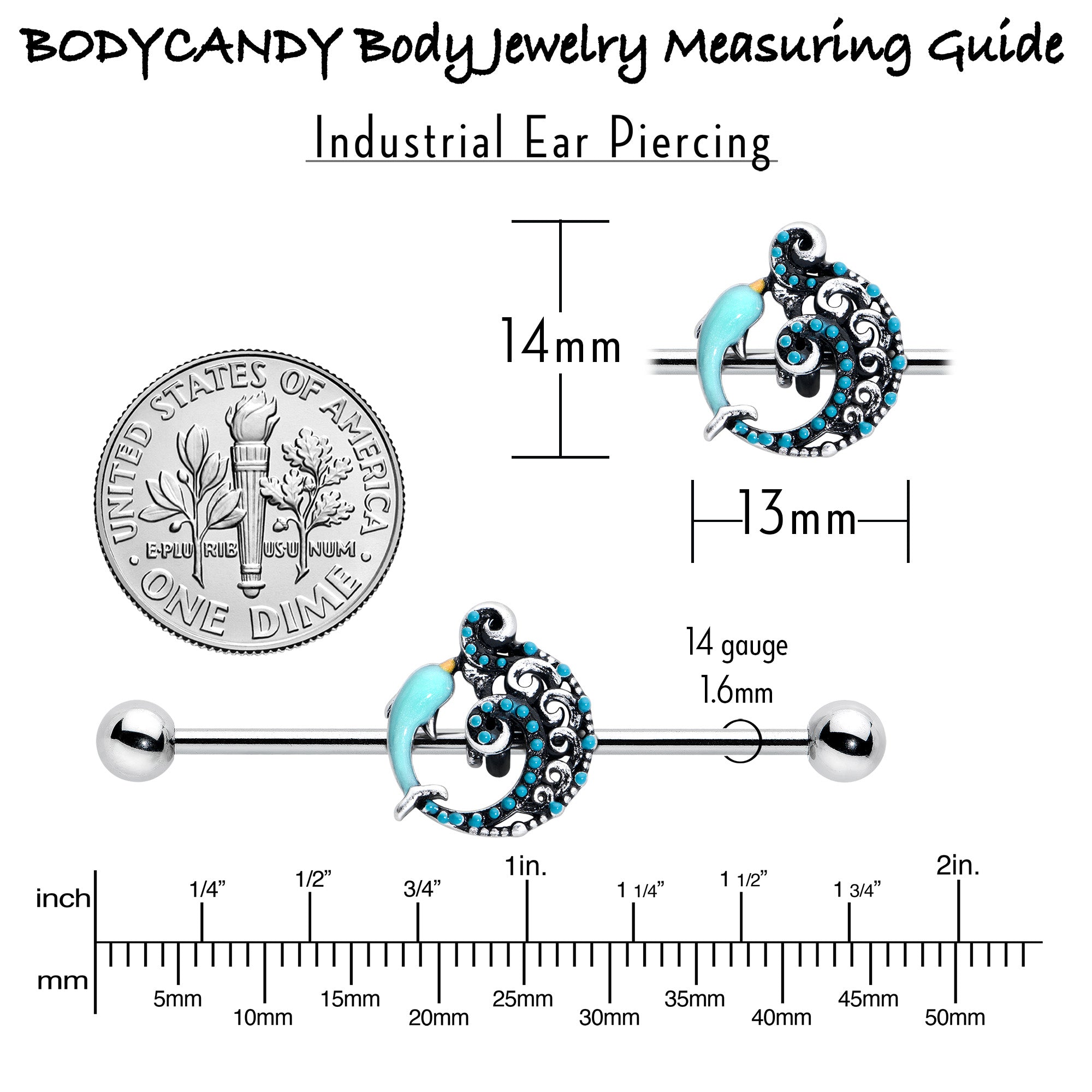 14G Leaping Blue Dolphin Industrial Barbell 38mm