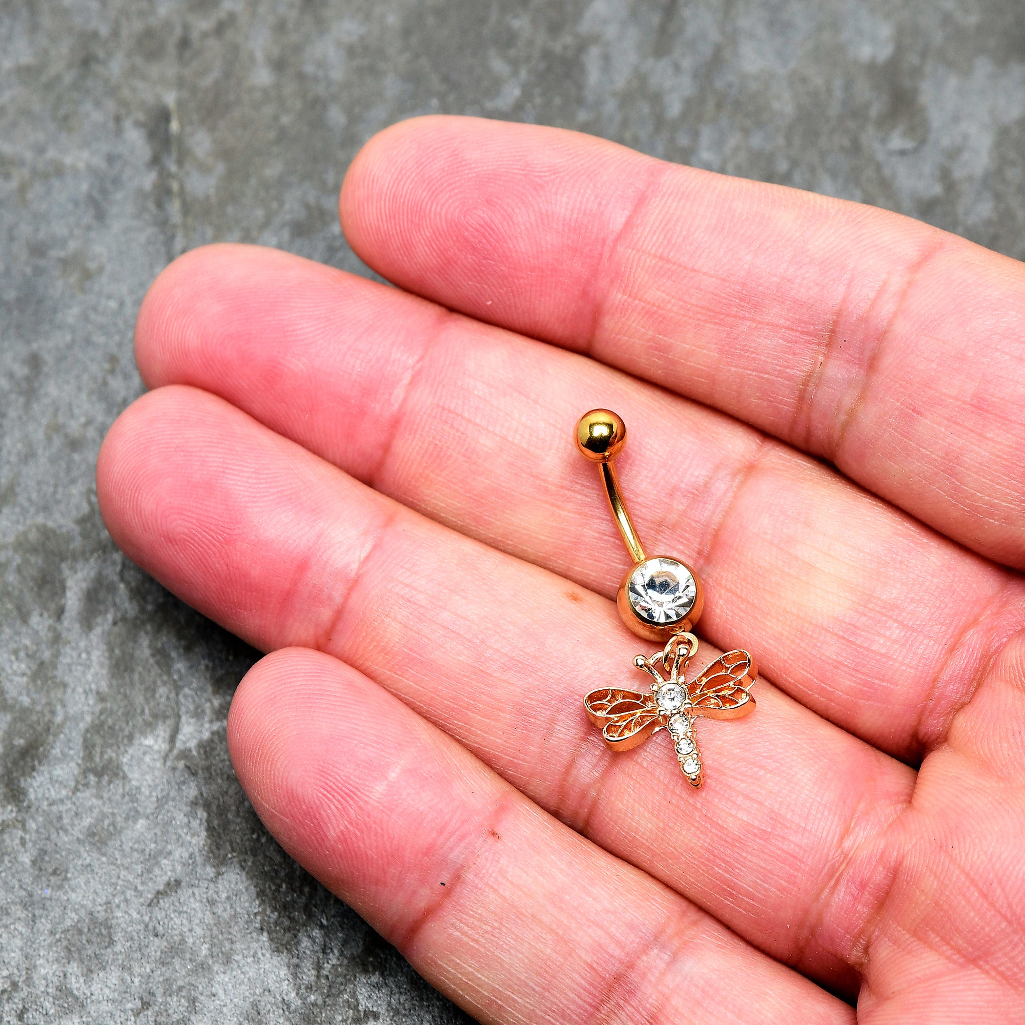 Clear Gem Gold Tone Flying Dragonfly Dangle Belly Ring