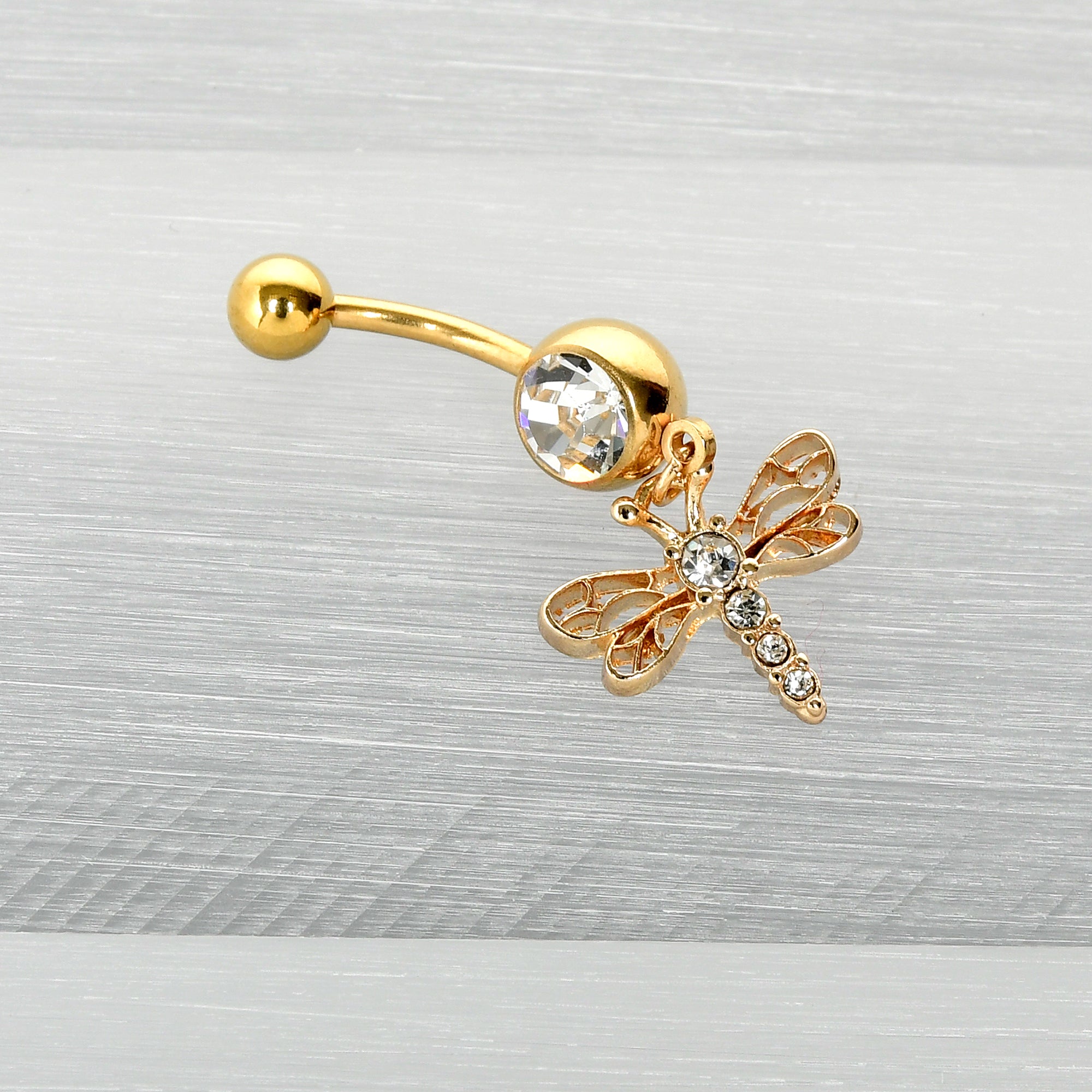 Clear Gem Gold Tone Flying Dragonfly Dangle Belly Ring