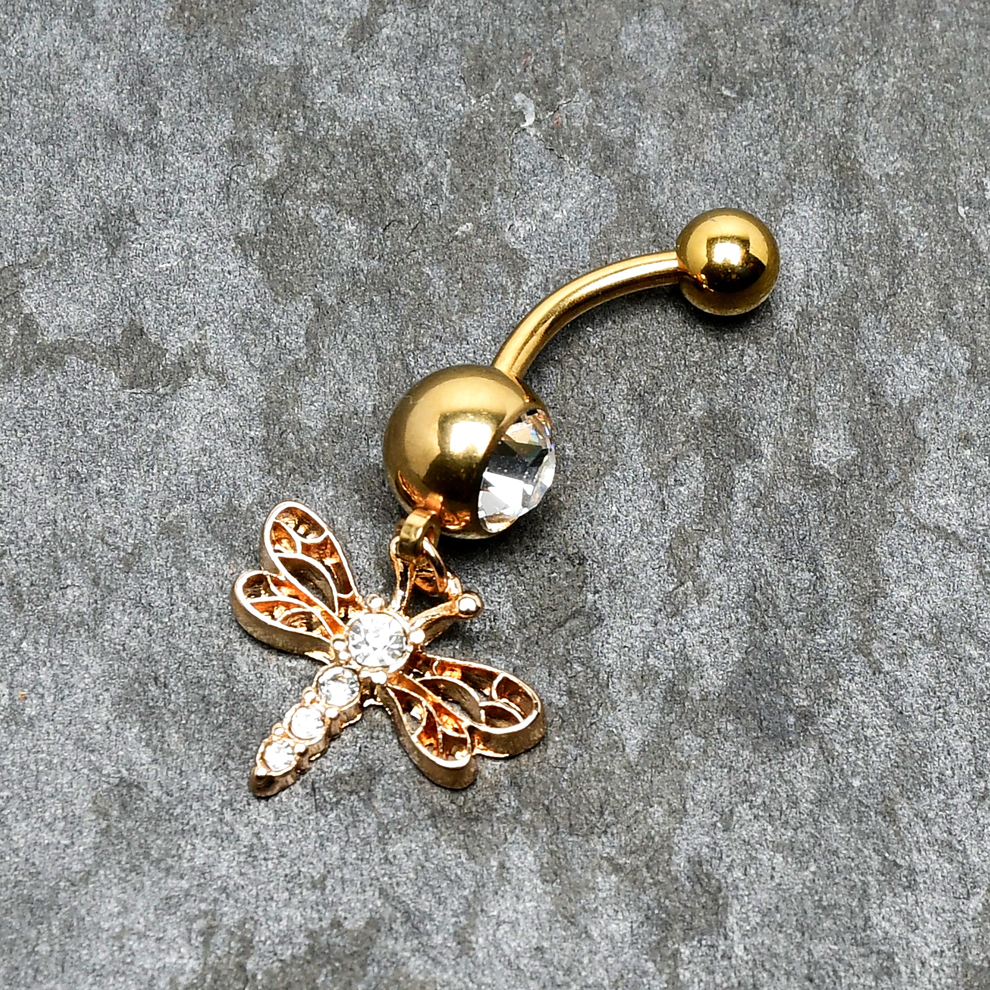 Clear Gem Gold Tone Flying Dragonfly Dangle Belly Ring