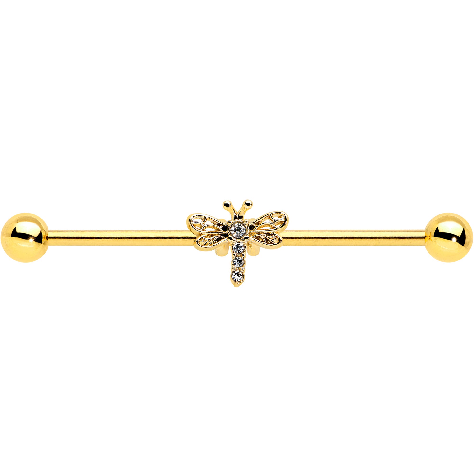 14G Clear Gem Gold Tone Flying Dragonfly Industrial Barbell 38mm